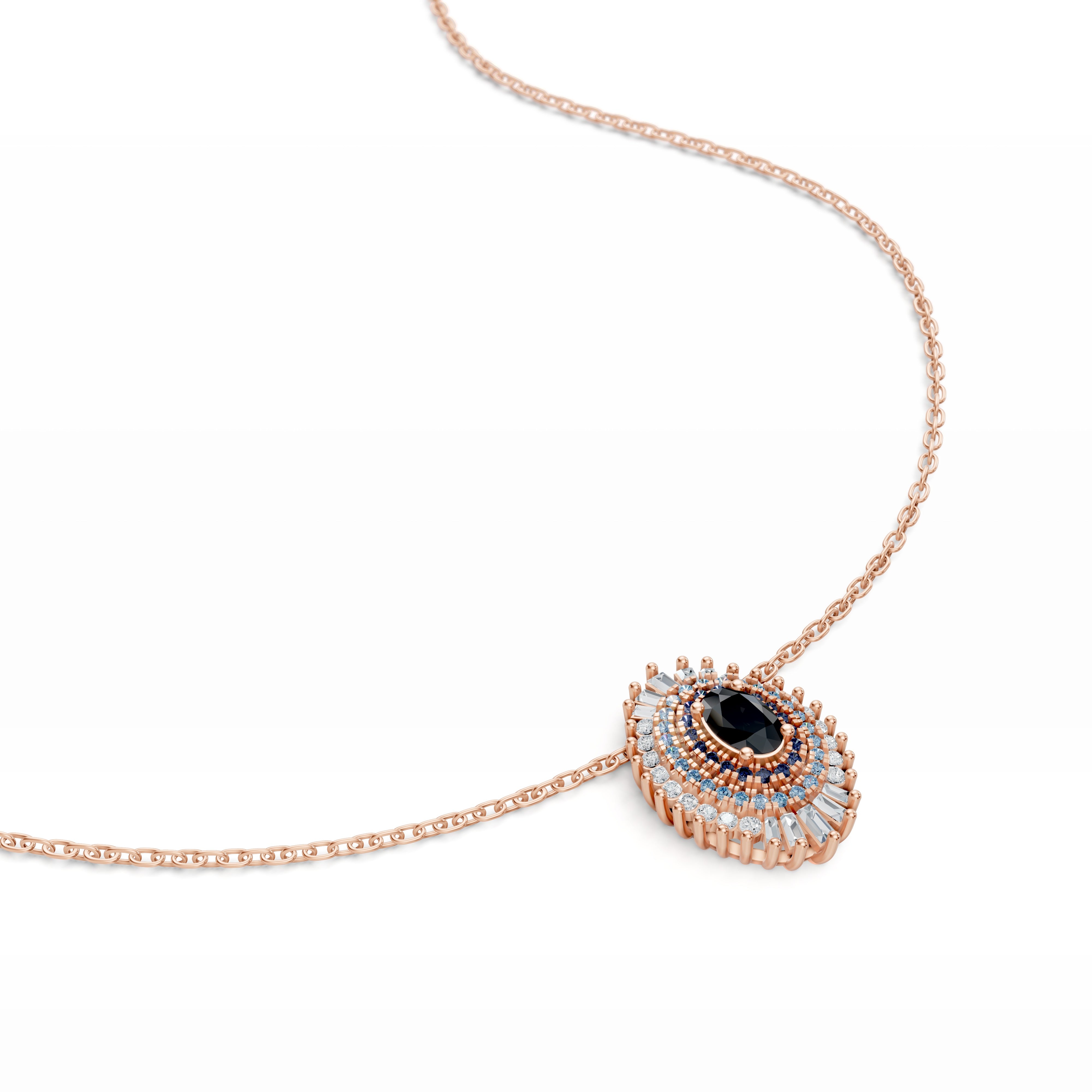 Modern Mangal Leila pendant in Rose Gold with deep black onyx eye, shimmering sapphires, and pavé diamonds, blending protection and modern design in a sacred talismanic form.