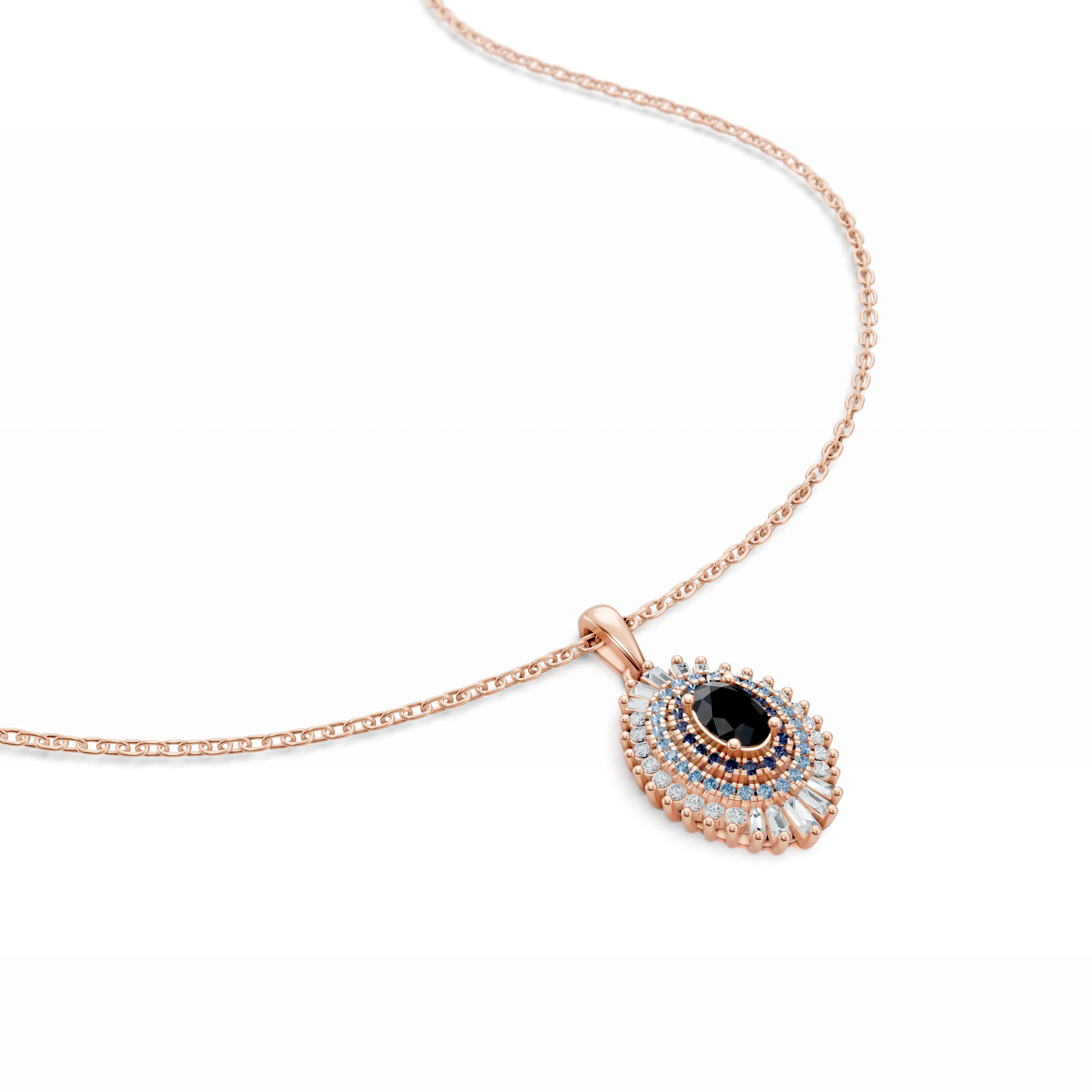 The Modern Mangal Leila Necklace in Rose Gold features a deep black onyx eye, shimmering sapphires, and pavé-set diamonds—blending modern design with protective symbolism in a sacred talismanic form. Its sleek passthrough construction allows the chain to glide seamlessly through the pendant, creating a fluid, contemporary silhouette.  