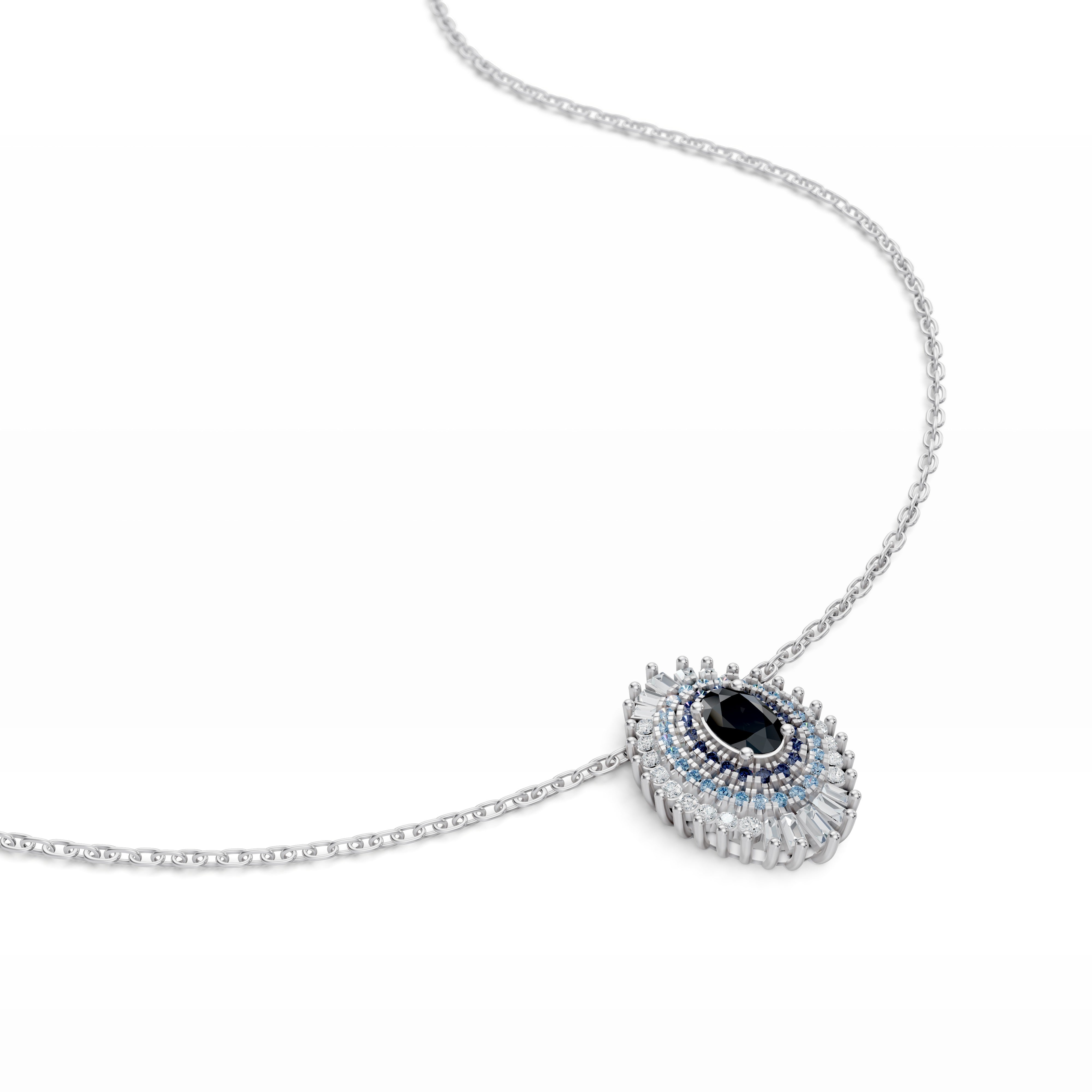 Modern Mangal Close-up of Leila pendant in White Gold showcasing exquisite craftsmanship, black onyx centerpiece, sapphire bands, and outer diamond sparkle in a protective evil eye design.
