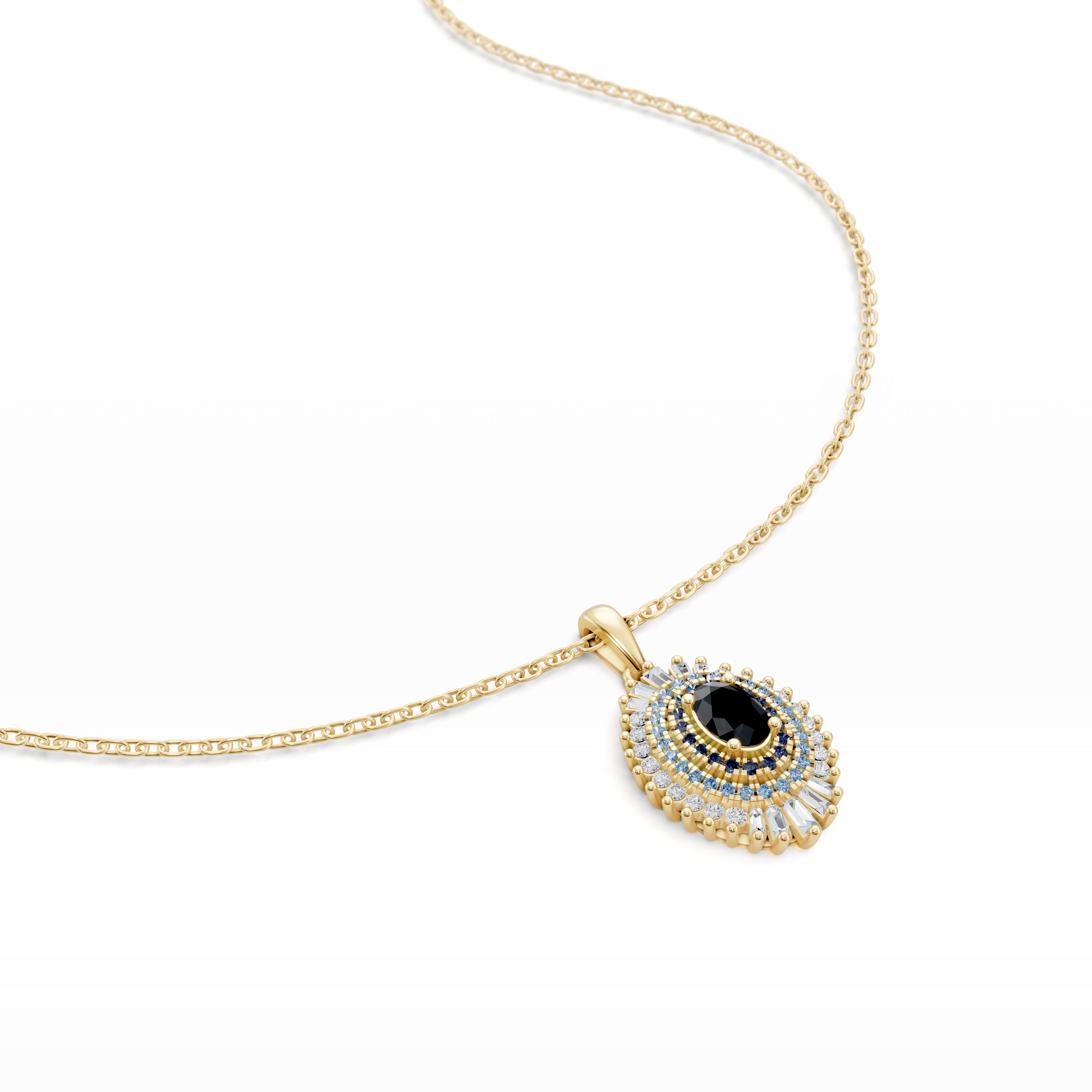 A detailed close-up of the Modern Mangal Leila Necklace in Yellow Gold reveals a powerful spiritual design, centered around a striking black onyx, encircled by a halo of blue sapphires, and framed with brilliant diamonds. The pendant’s sleek passthrough construction allows the chain to glide seamlessly through, enhancing its fluid silhouette and modern talismanic appeal.