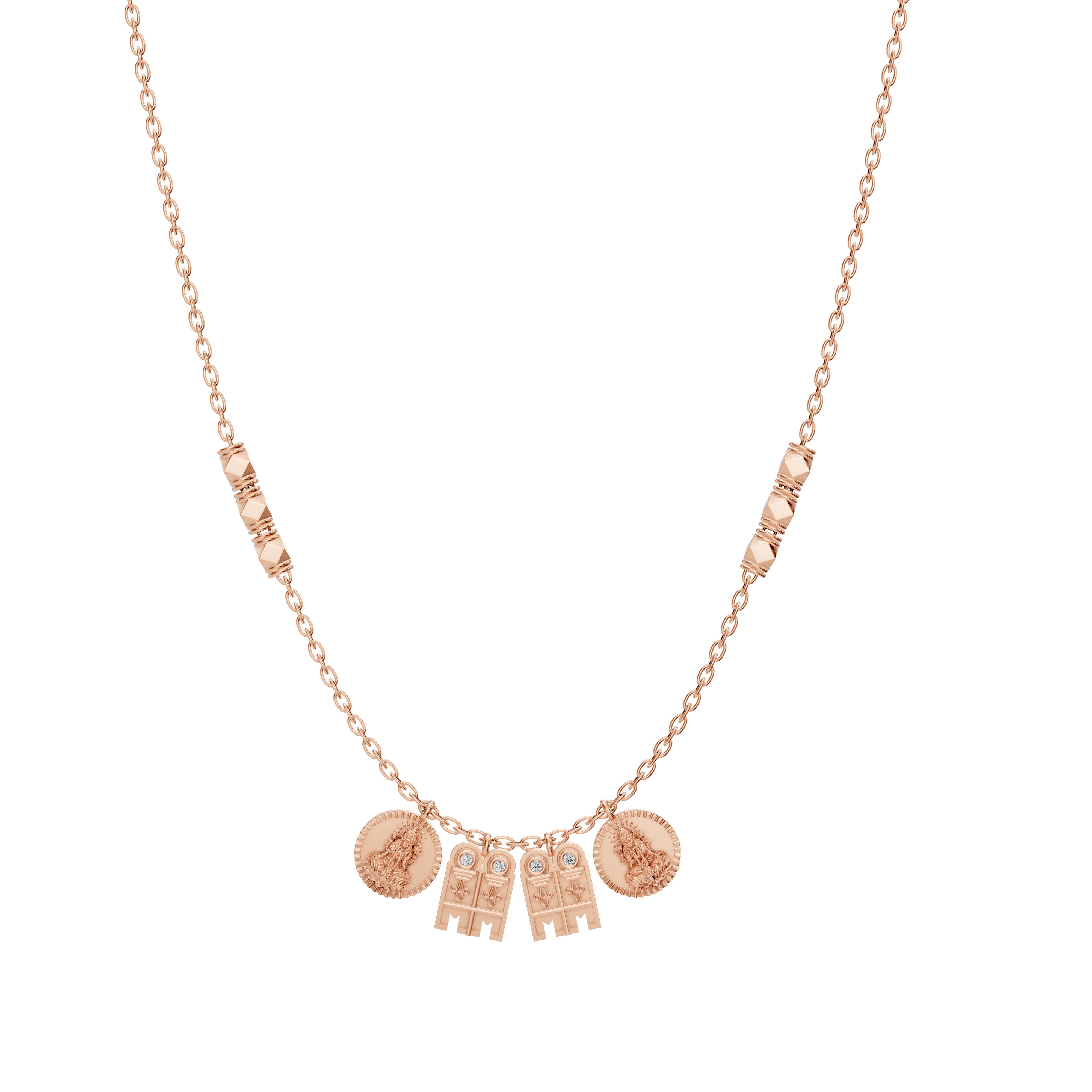 Main visual of Madhura Mangalayam necklace in romantic rose gold by Modern Mangal, balancing tradition and elegance with tulsi and diamond detailing.
