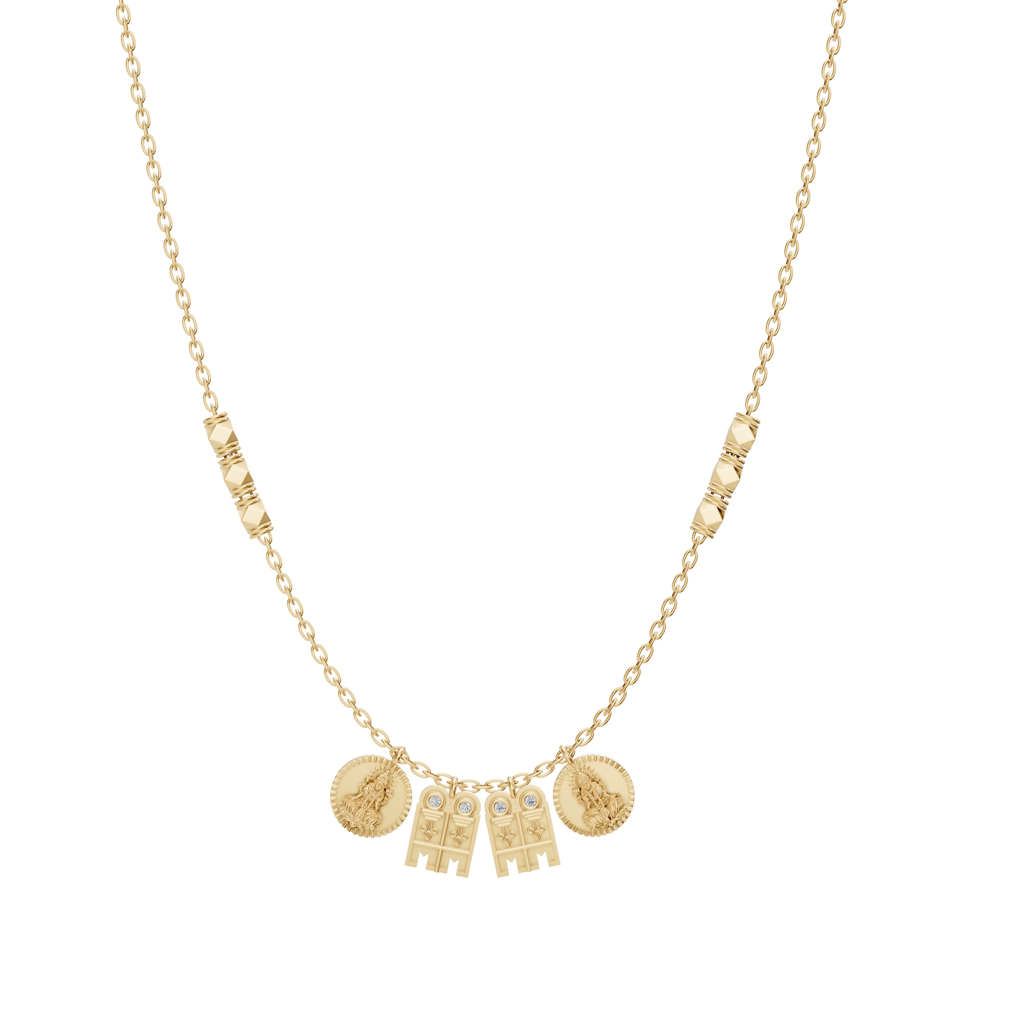 Main product image of the Madhura Mangalayam necklace in yellow gold by Modern Mangal, featuring tulsi-inspired pendants with diamonds and a delicate Harmony Chain.