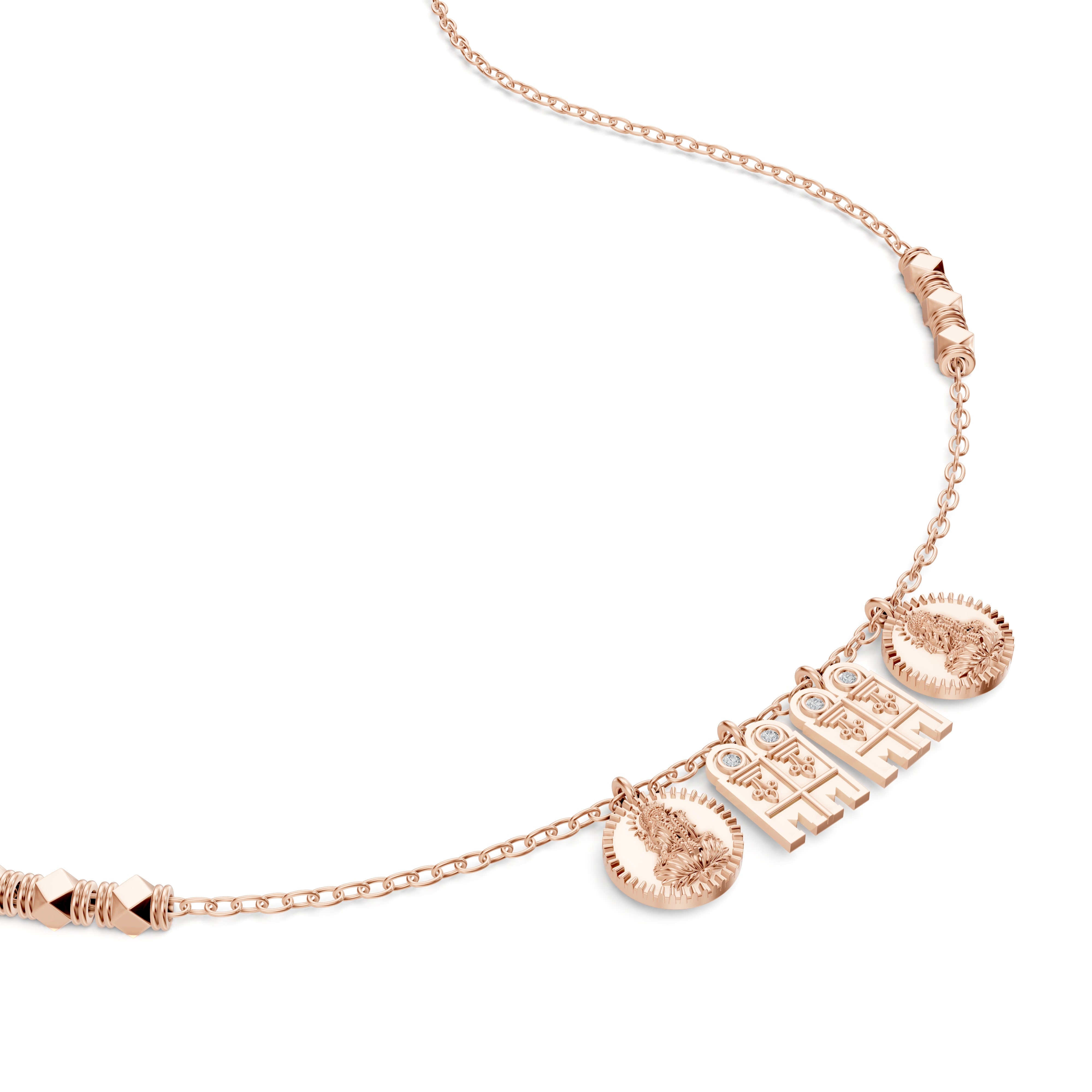 Close-up image of the rose gold Modern Mangal Madhura Mangalayam, highlighting the tulsi diamond charms and Telugu Lakshmi bottus as contemporary heirloom details.