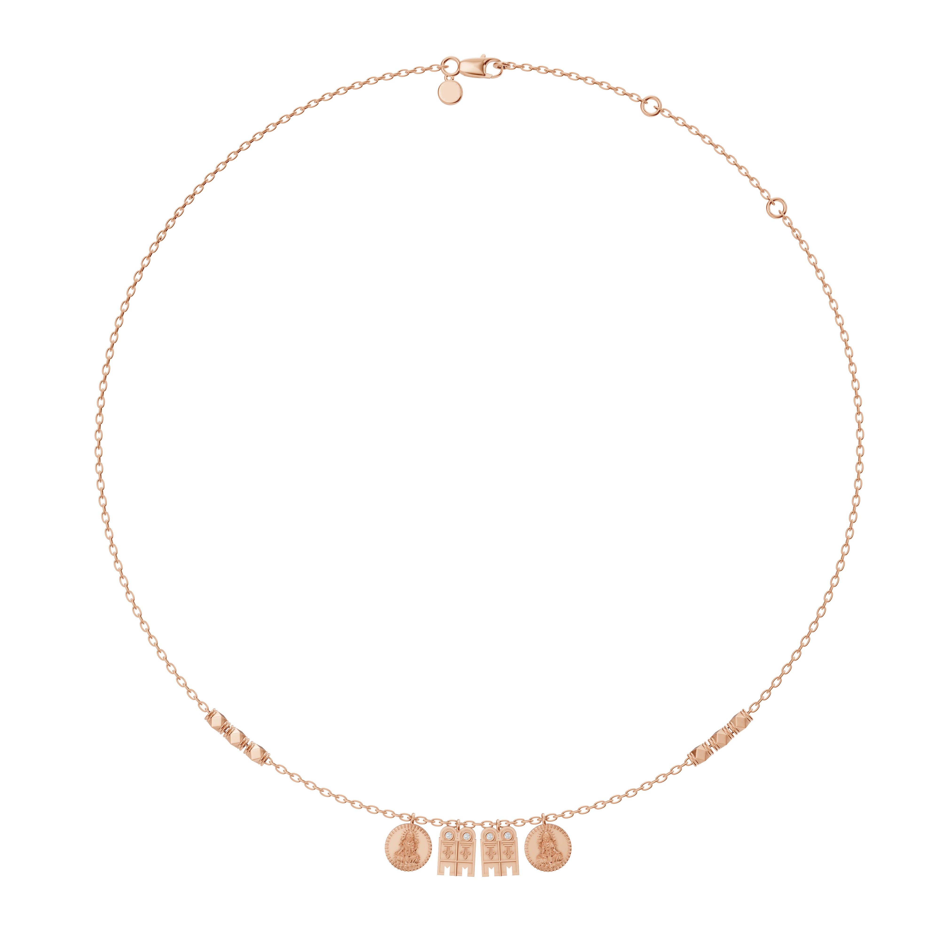 Full view photo of the Madhura Mangalayam in 18K rose gold by Modern Mangal, featuring a harmonious charm pendant arrangement with cross-cultural symbolism.