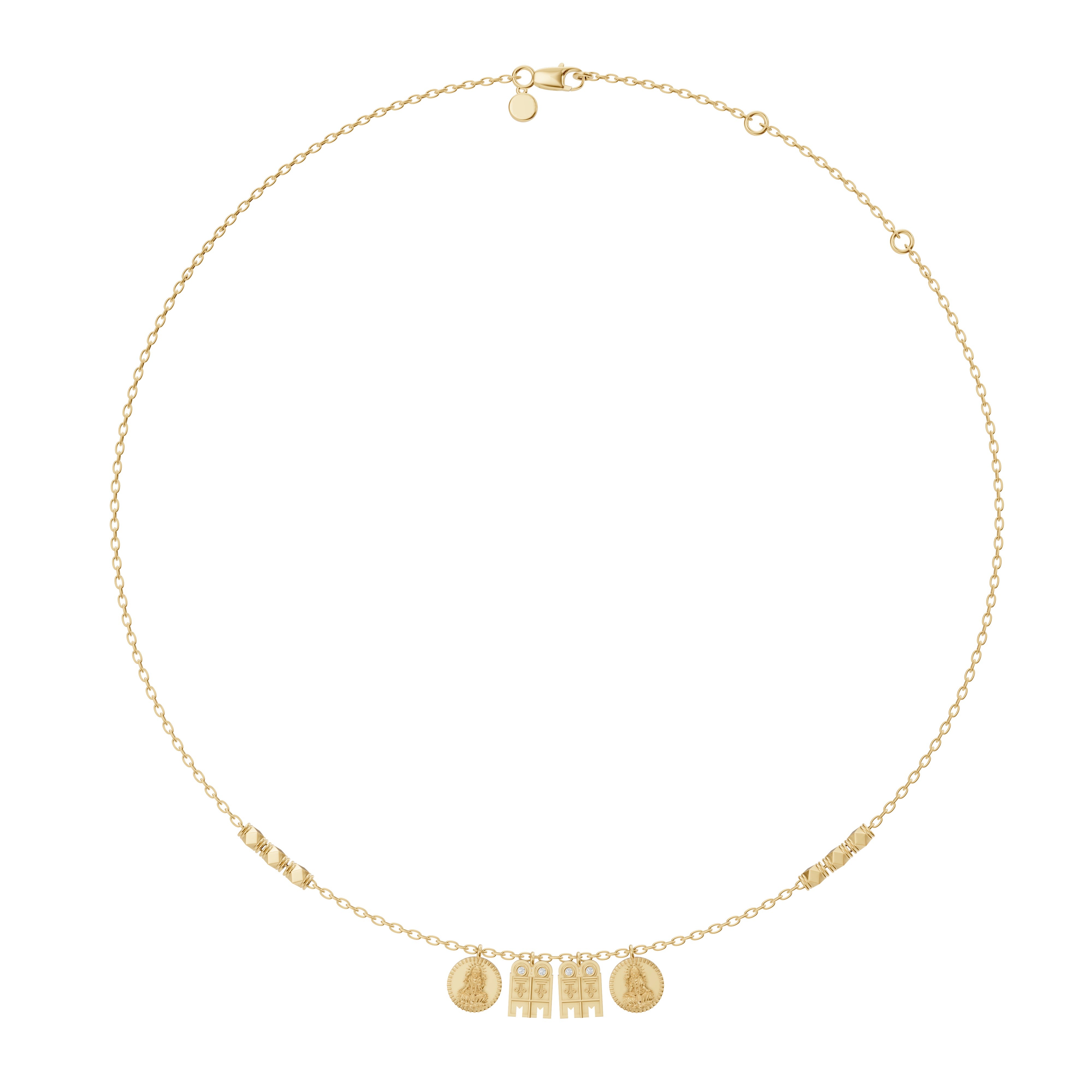 Full view product photo of the Madhura Mangalayam mangalsutra in 18K yellow gold from Modern Mangal, featuring tulsi and Lakshmi bottu pendants on a beaded chain.