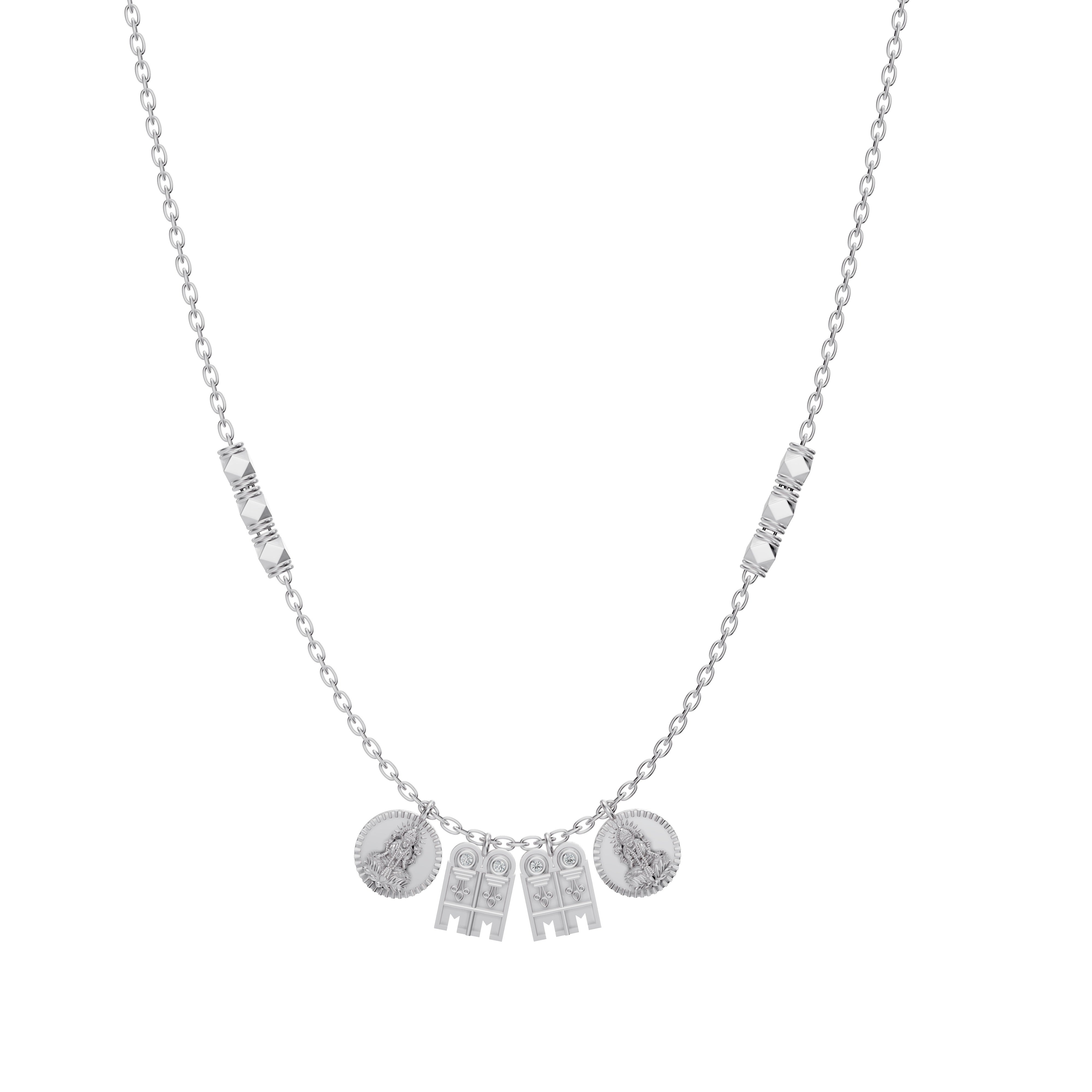 Main image of the Madhura Mangalayam in white gold from Modern Mangal, featuring sacred tulsi pendants, bezel-set diamonds, and a sleek Harmony Chain.