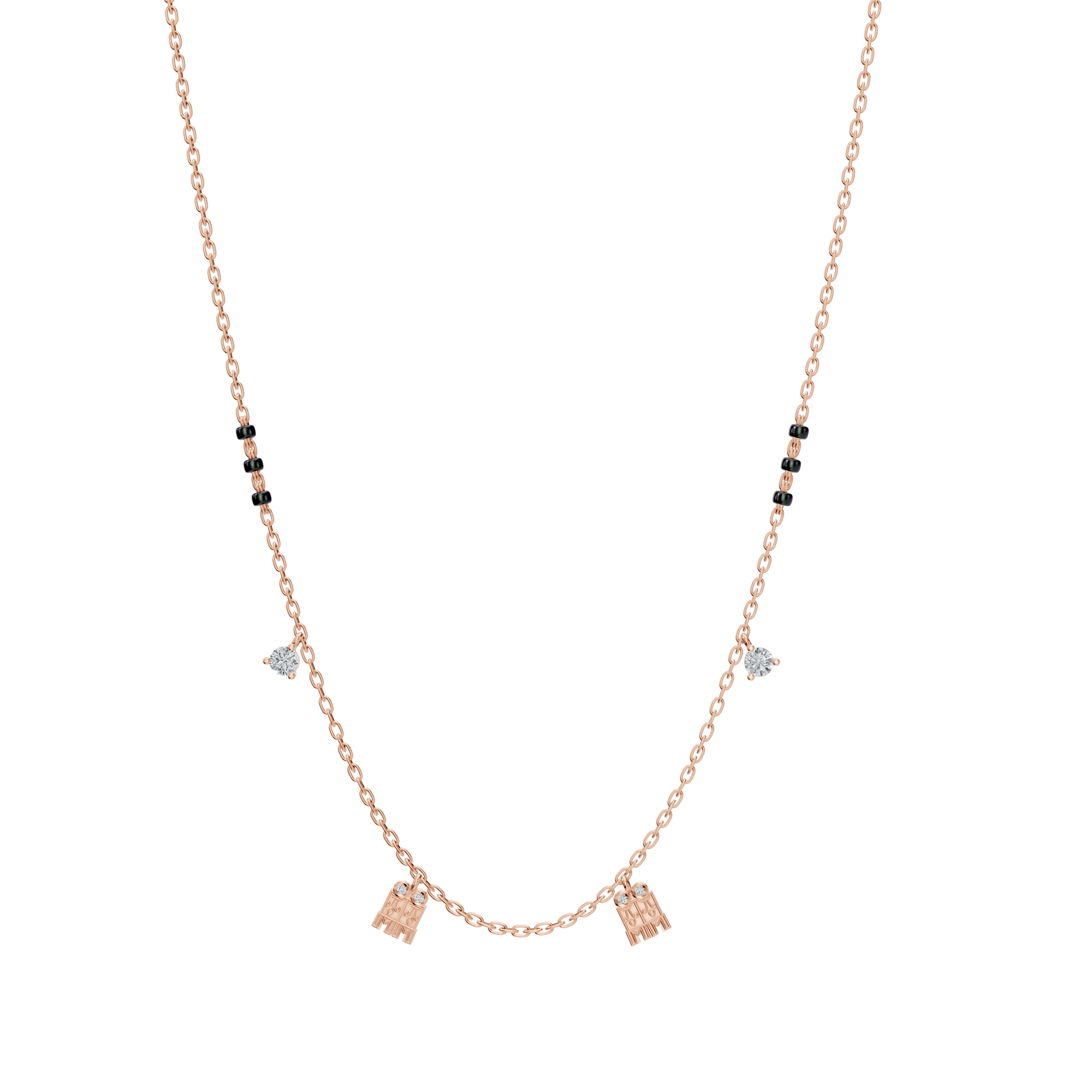 Horizontal flat-lay shot of the Modern Mangal Meera Mangalayam in rose gold, showing traditional motifs and contemporary design on a 3-bead Harmony Chain.