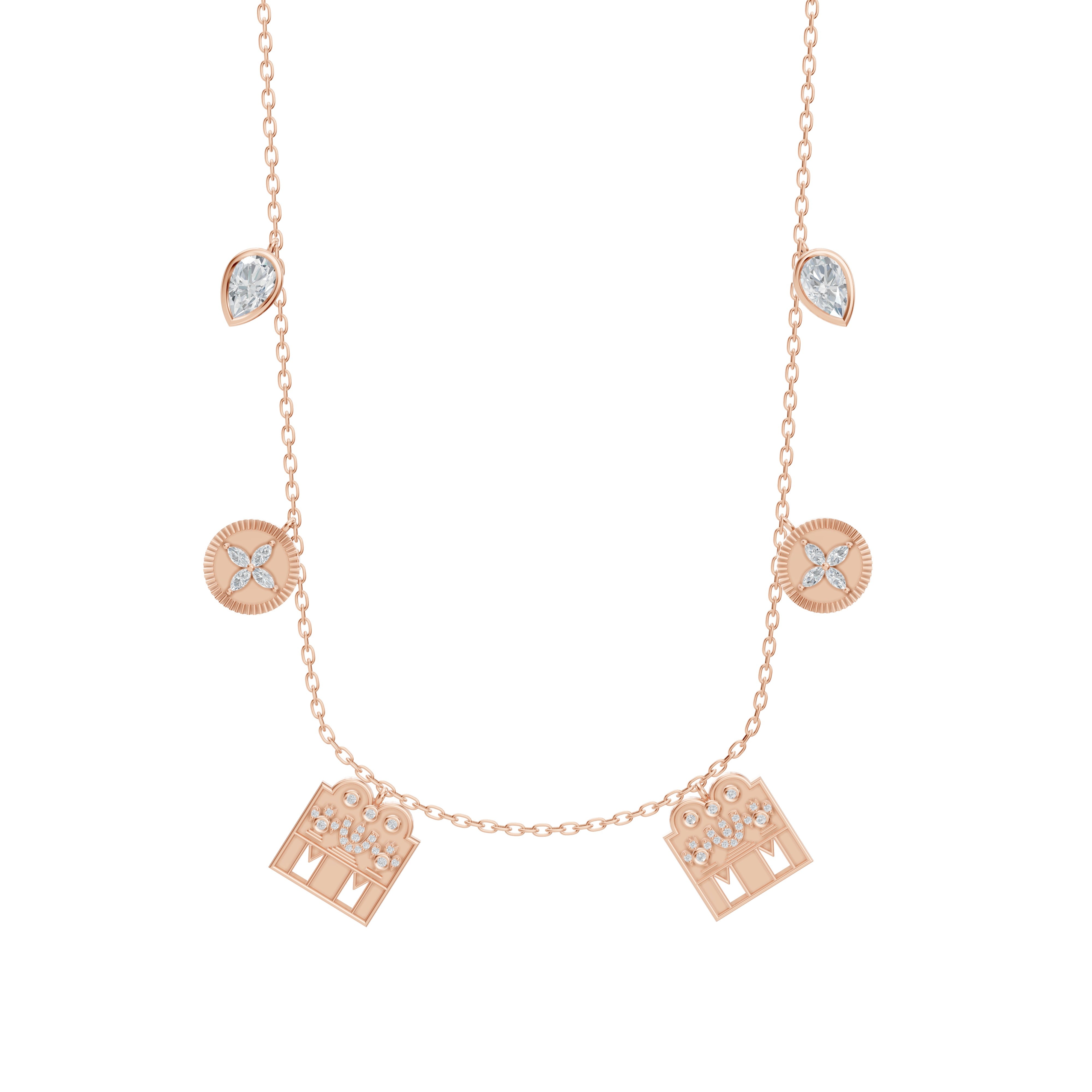 Rose gold Modern Mangal  Monica Mangalayam full necklace view with sacred double pendants and mango-leaf inspired diamonds for modern brides embracing cultural heritage.