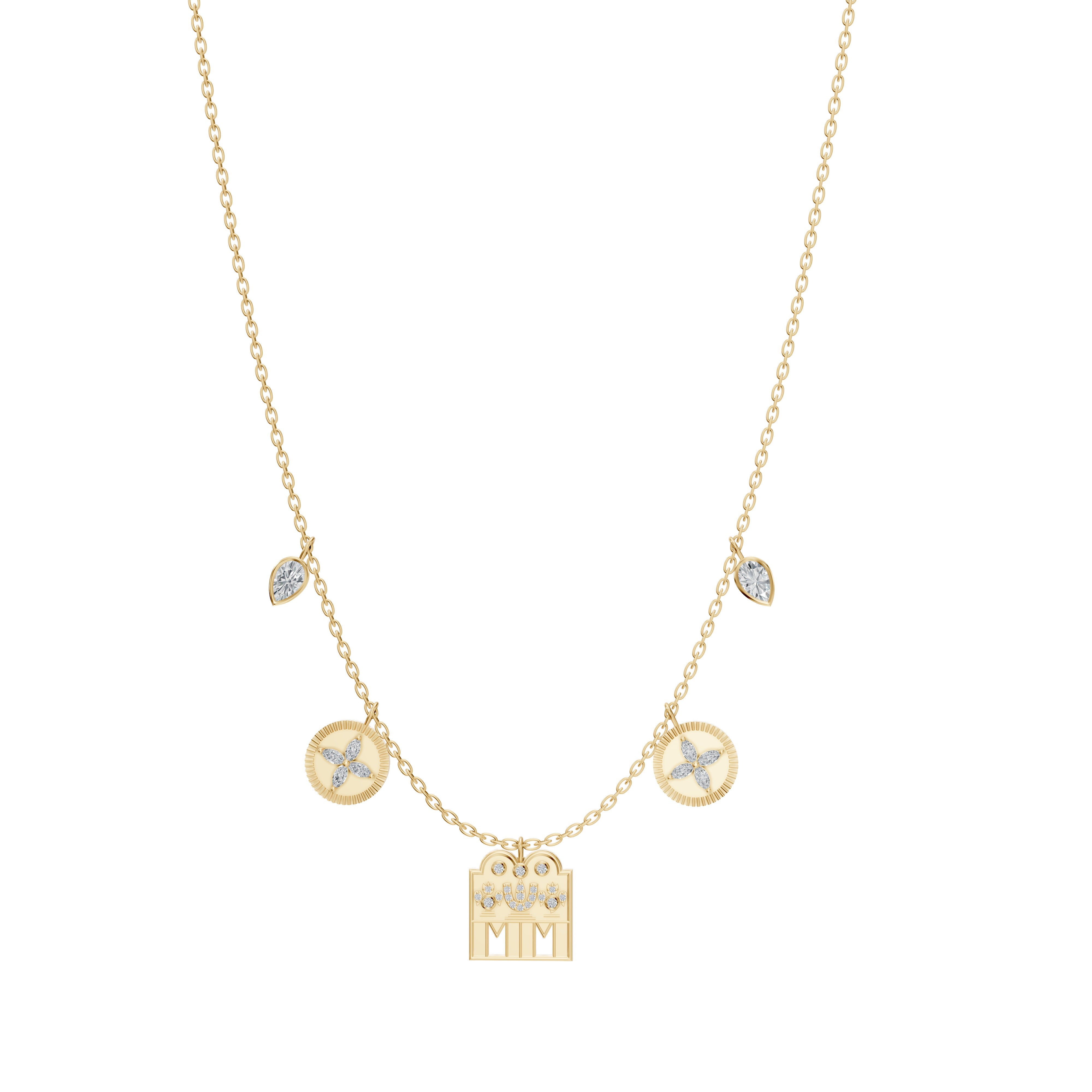 Main view showcasing the Modern Mangal Vidhya Mangalayam in yellow gold with bold Tamil symbolism including diamond-studded Shivling and flower charms, elegantly spaced on a gold chain.