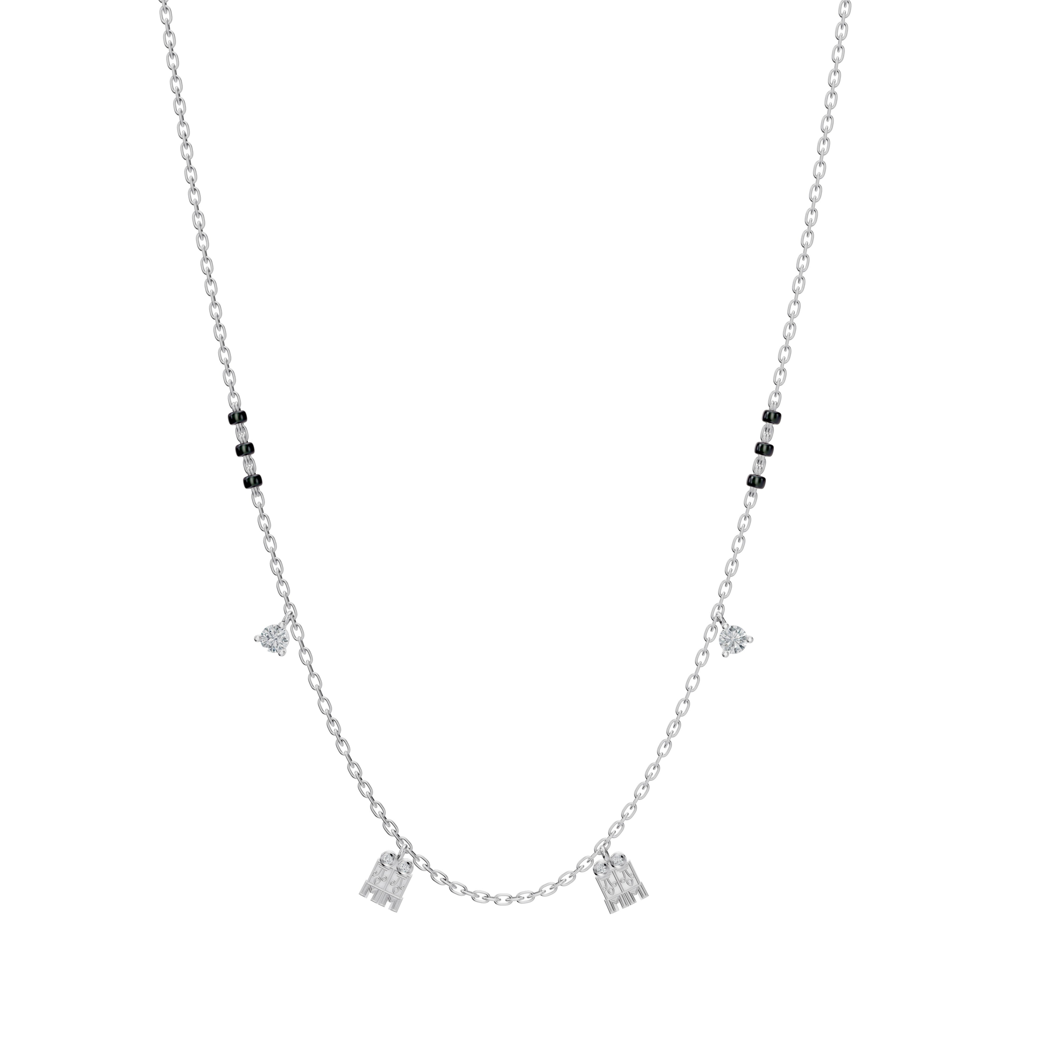 Overhead Main necklace image of the Modern Mangal Meera Mangalayam in white gold, designed with two tulsi mangalayam pendants and triple gold beads on a modern chain.