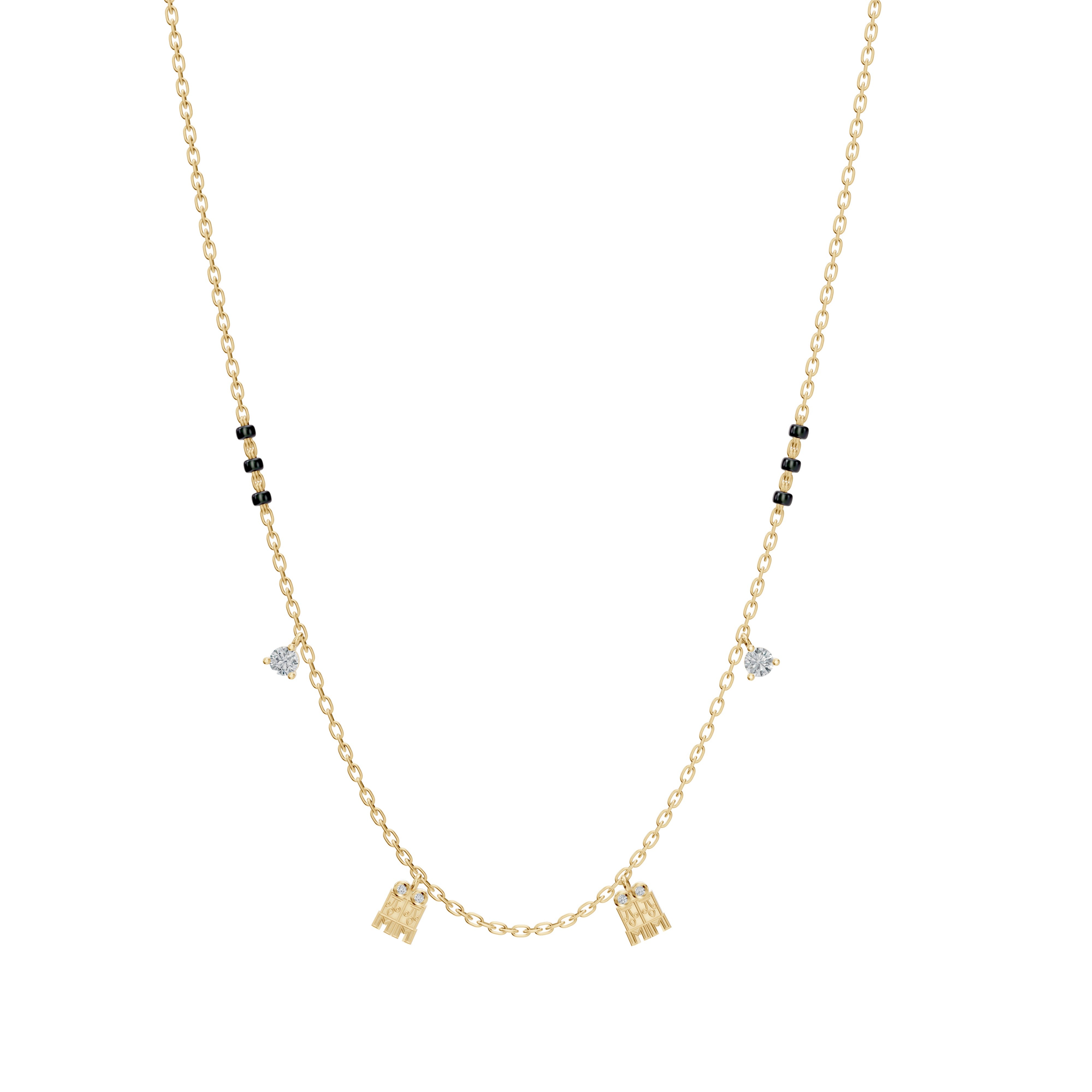 Main product image of the Meera Mangalayam necklace in yellow gold by Modern Mangal, featuring tulsi-inspired pendants with diamonds and a delicate Harmony Chain.
