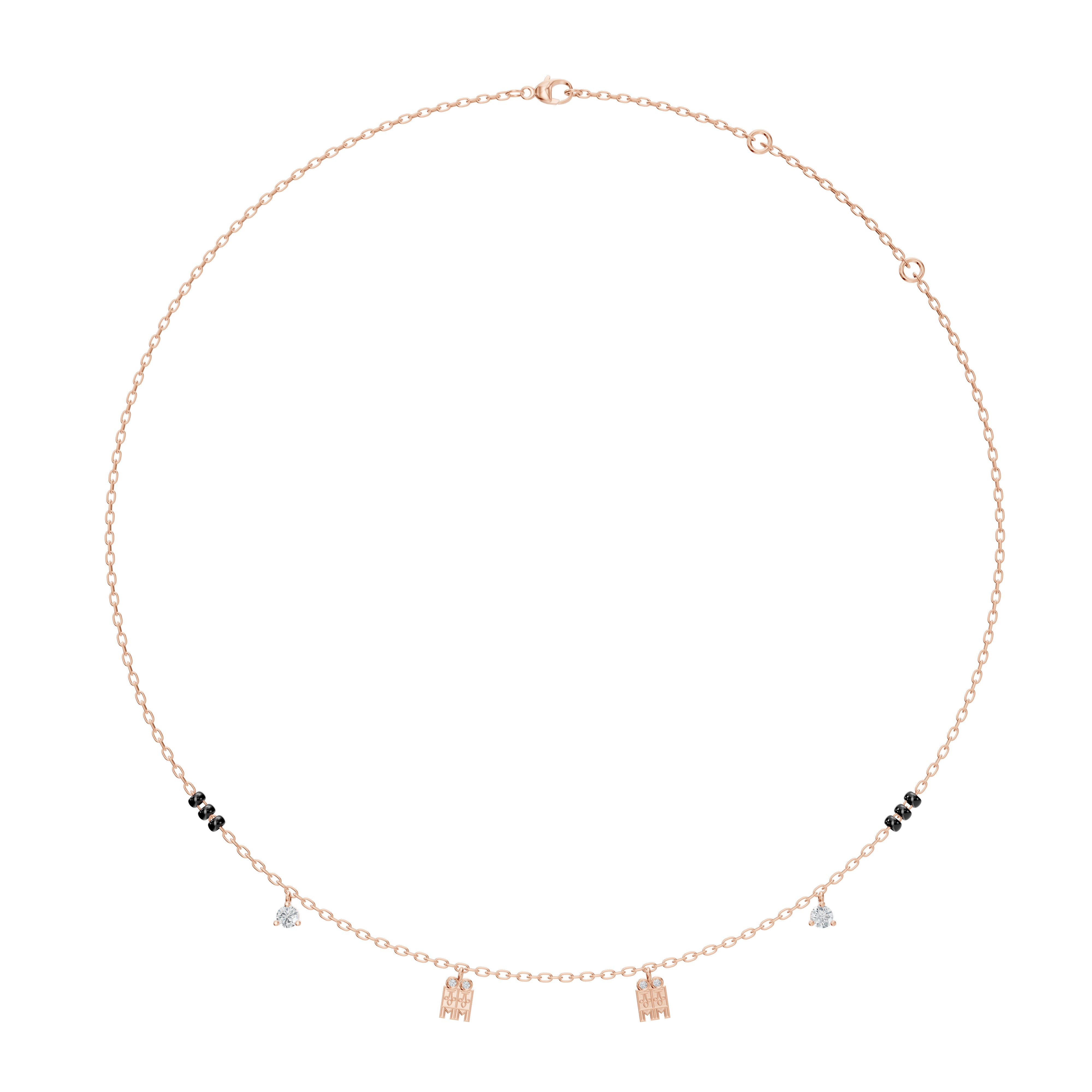 Full visual of Meera Mangalayam necklace in romantic rose gold by Modern Mangal, balancing tradition and elegance with tulsi and diamond detailing.