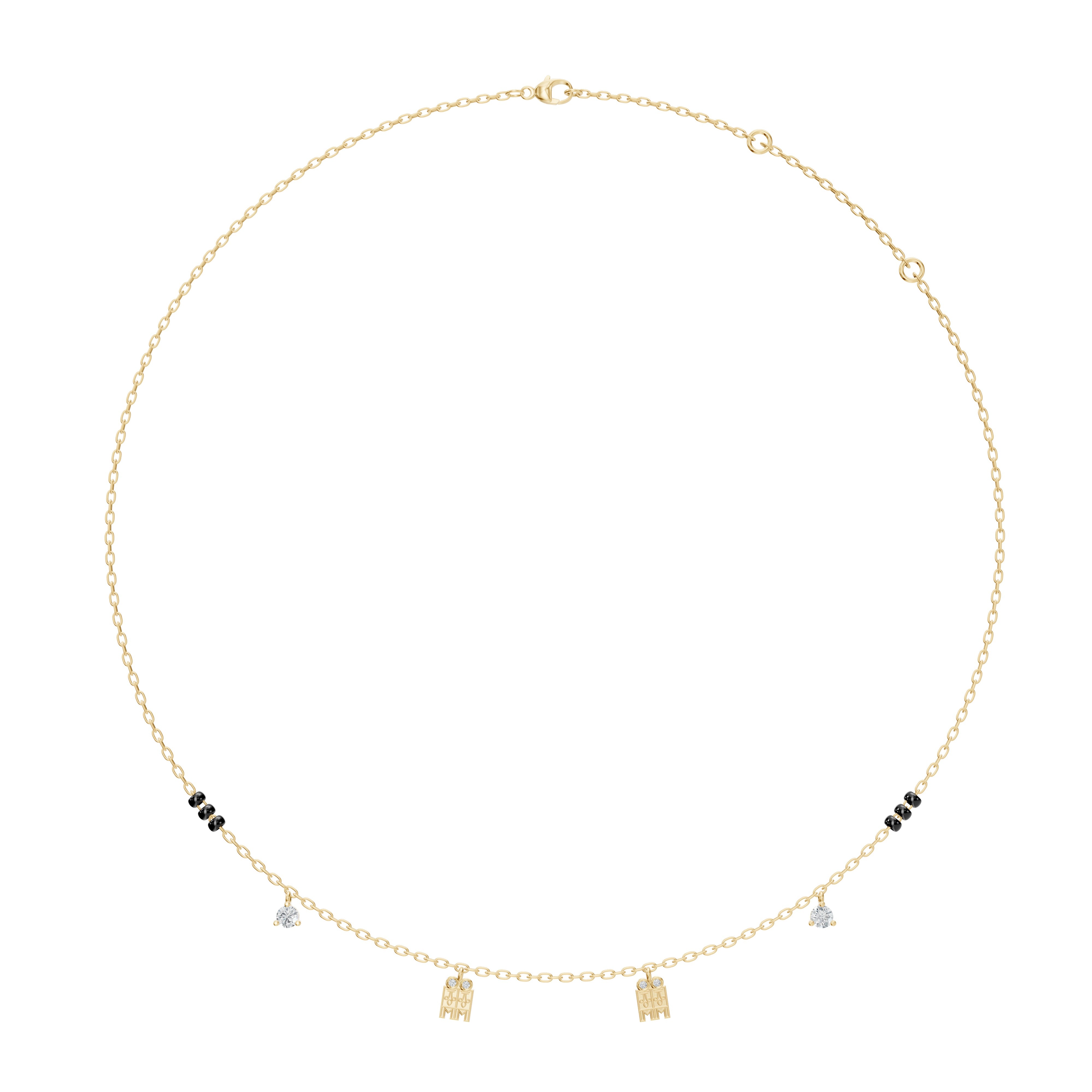 Full product image of the Modern Mangal Meera Mangalayam necklace in yellow gold by Modern Mangal, featuring tulsi-inspired pendants with diamonds and a delicate Harmony Chain.
