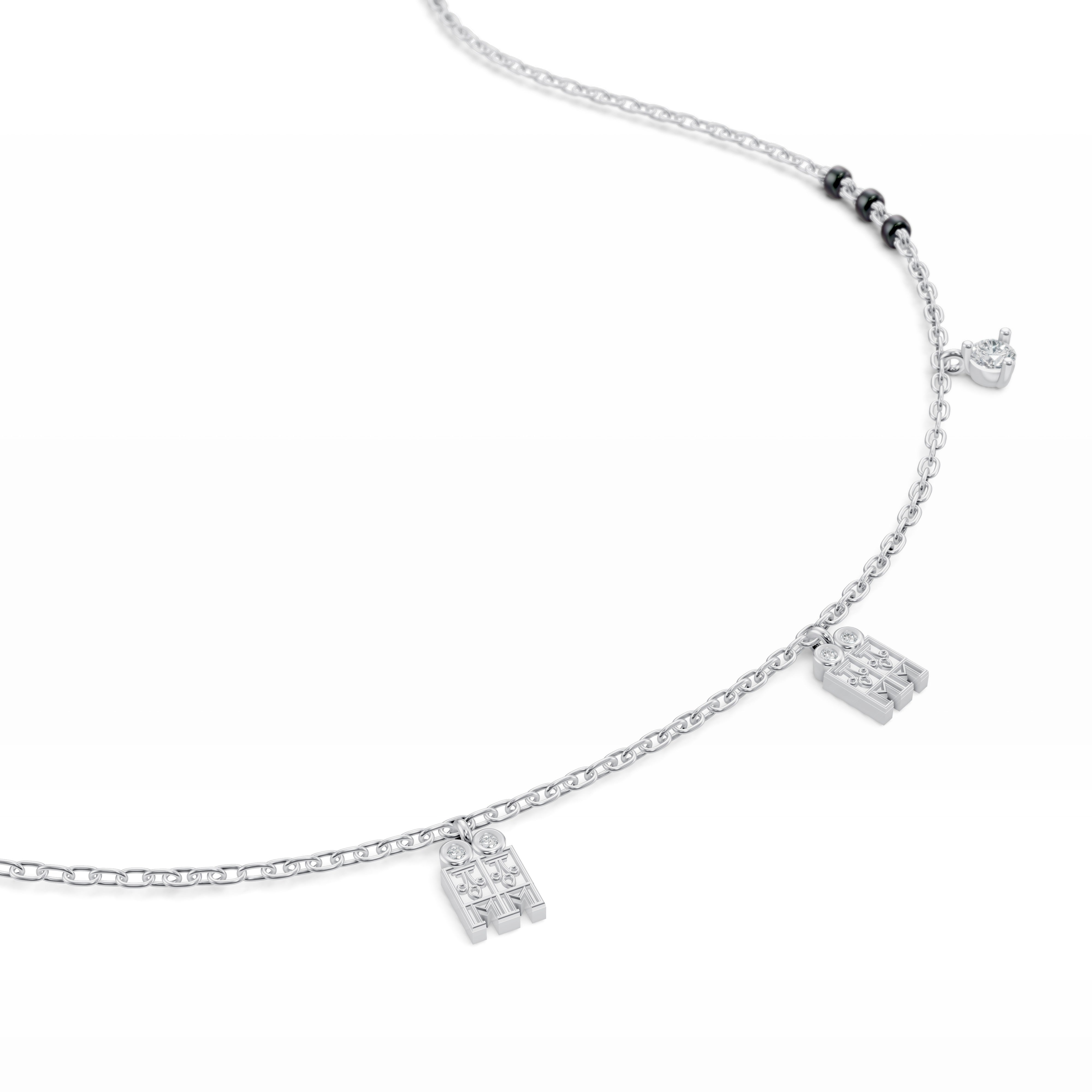 Detailed close-up of the Modern Mangal Meera Mangalayam pendant in white gold, focusing on the lab diamonds, tulsi-inspired silhouette, and dangling charm elegance.