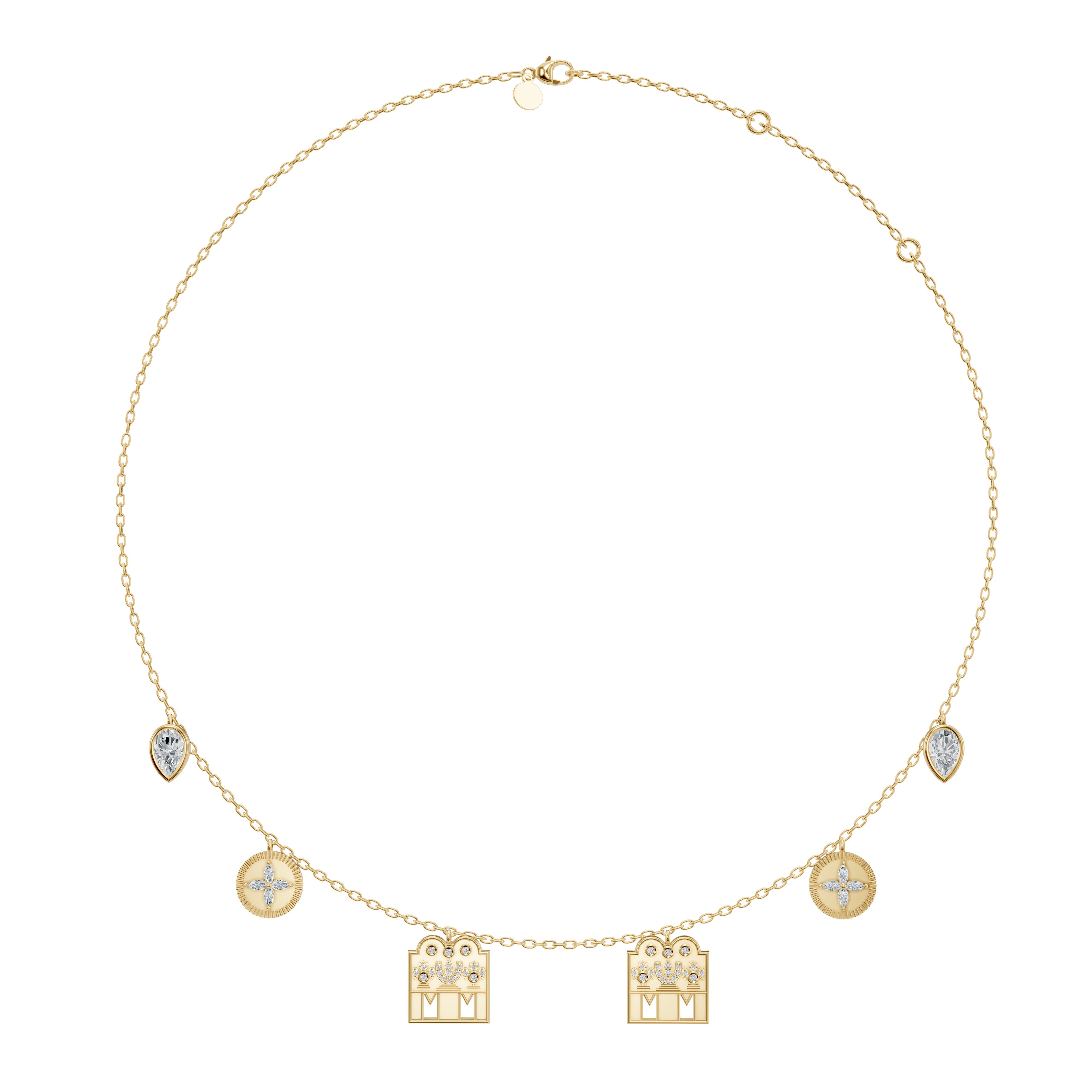 Yellow gold Monica Mangalayam mangalsutra by Modern Mangal featuring dual diamond Shivling pendants, marquise flower coin charms, and pear bezel diamonds symbolizing sacred union and prosperity.