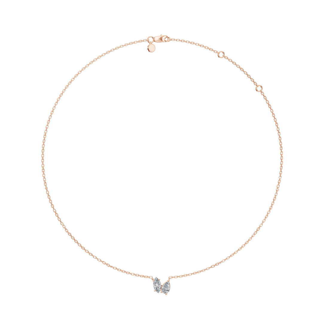 Full necklace view of the rose gold Modern Mangal Nina Mangalsutra, showing the balanced symmetry of the chain and the warm-toned setting of the dual diamond pendant.