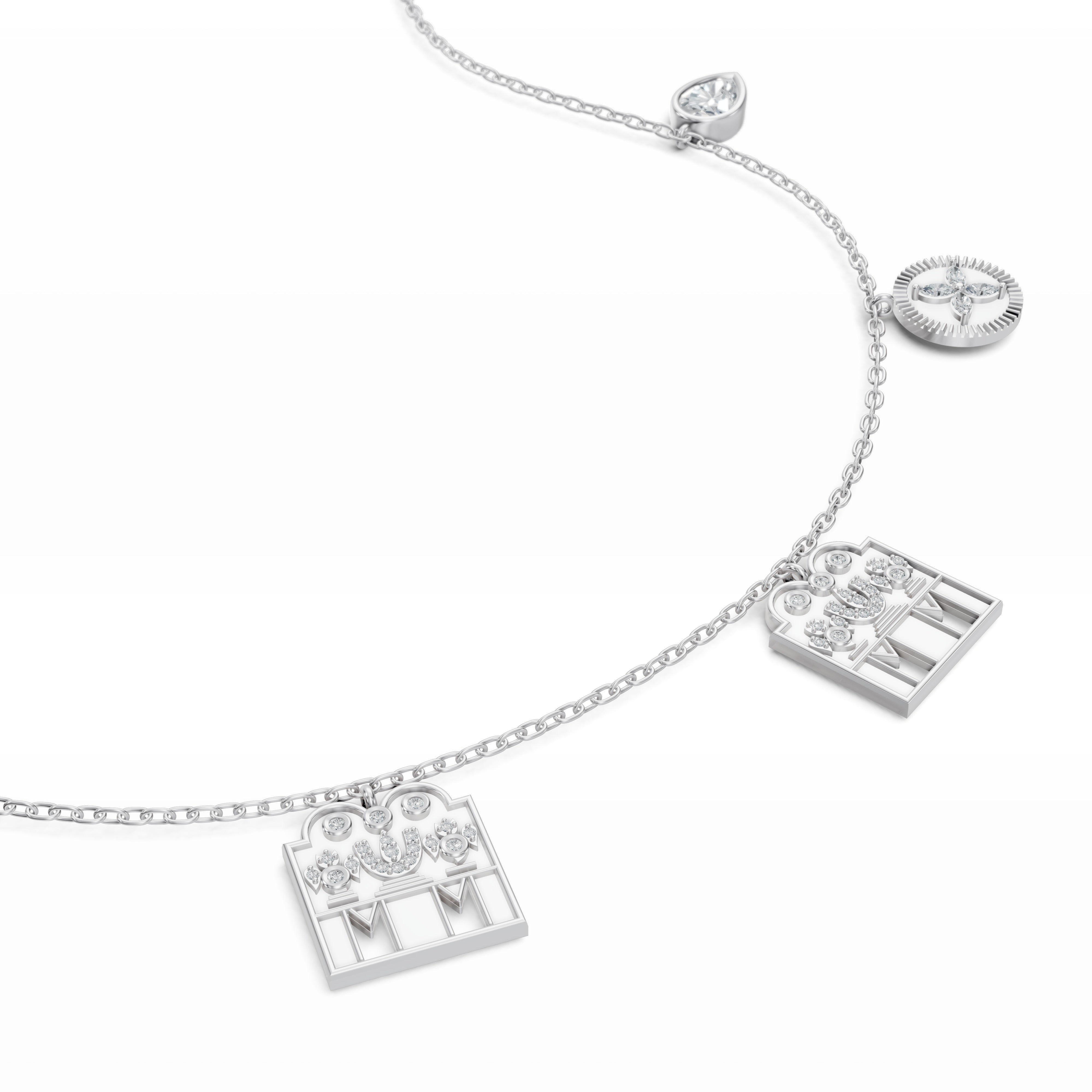 White gold pendant closeup of Modern Mangal Monica Mangalayam showcasing dual Shivling motifs flanked by blooming marquise flower coins and sacred mango-leaf diamonds.