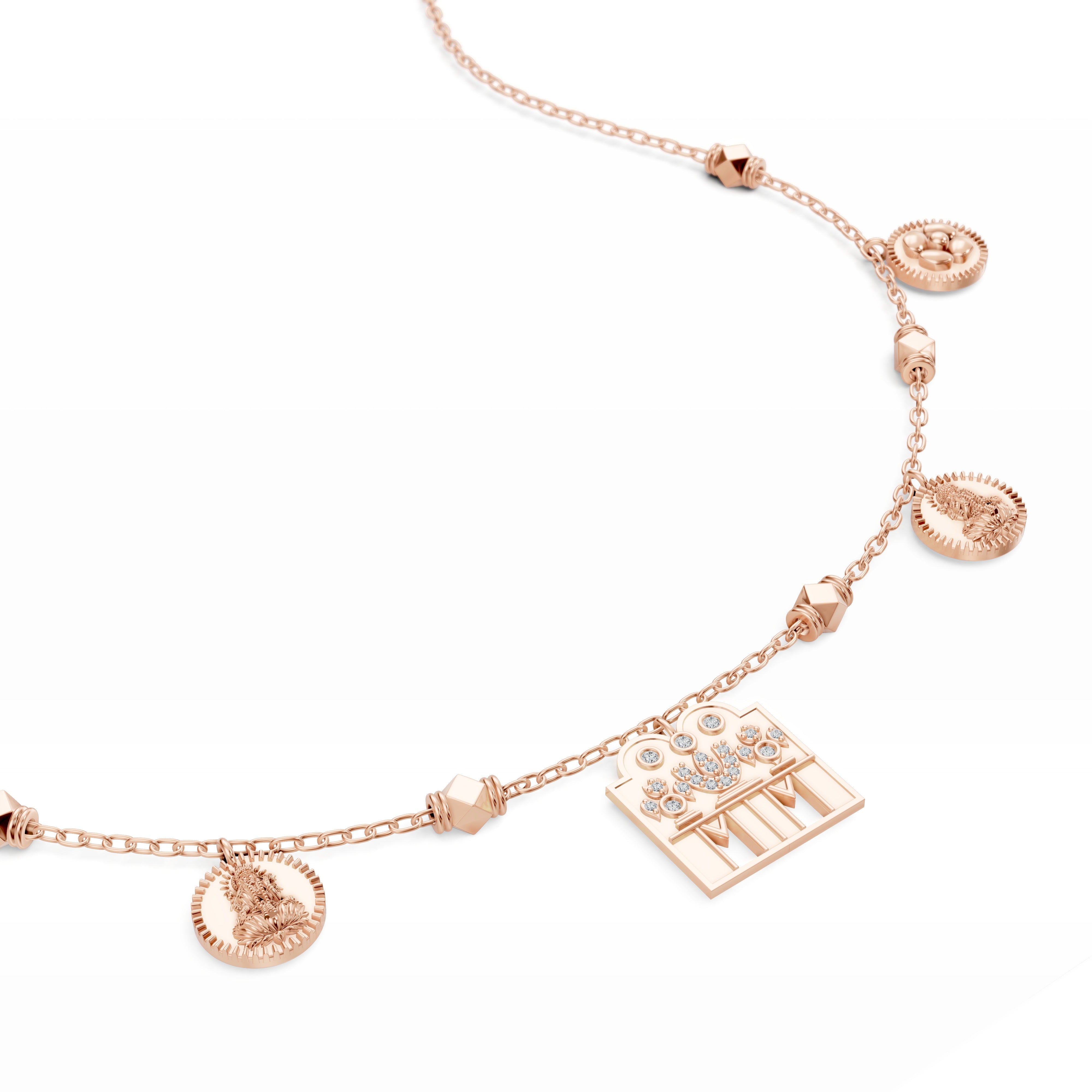 Close-up of rose gold Modern Mangal Sravya Mangalayam pendant, highlighting the diamond-encrusted Shivling and accompanying kasu charms in a melodious Tamil fusion design.