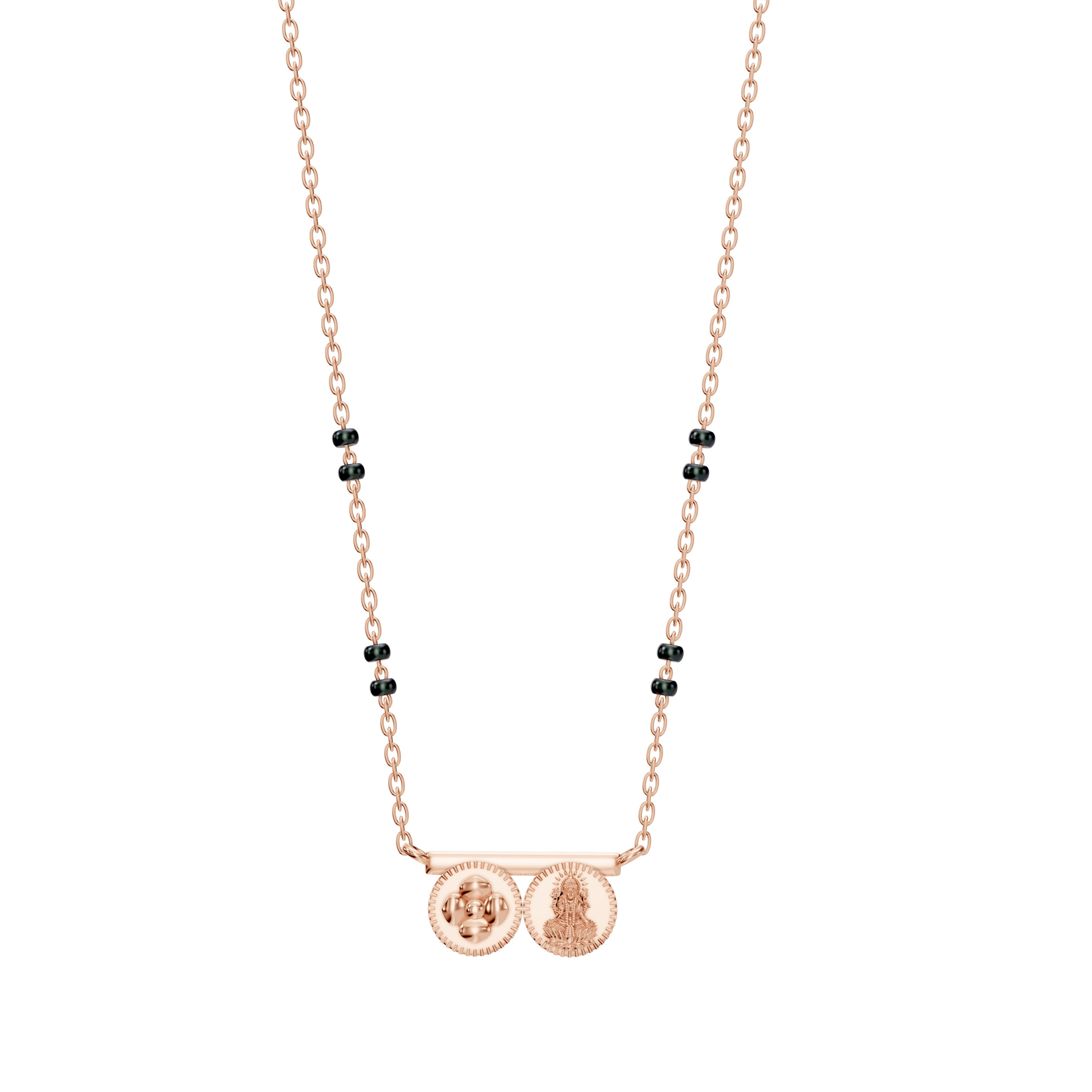 Main view of the rose gold Saanvi Thaali necklace showing its balanced Duality Chain with four gold beads and a symbolic two-kasu pendant centerpiece.
