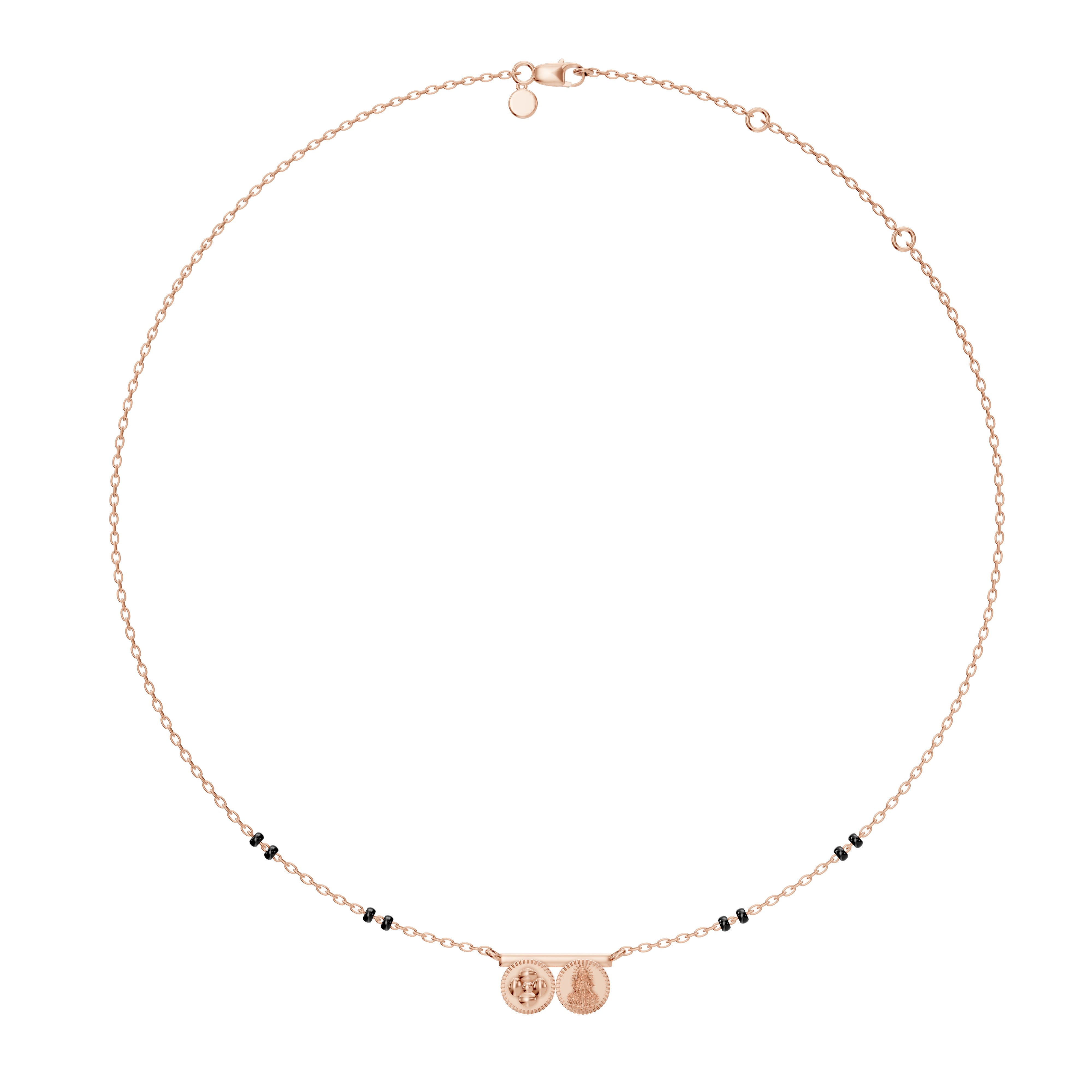 Rose gold version of Modern Mangal’s Saanvi Thaali necklace with dual kasu pendant representing beauty and divine femininity in a modern Telugu mangalsutra design.