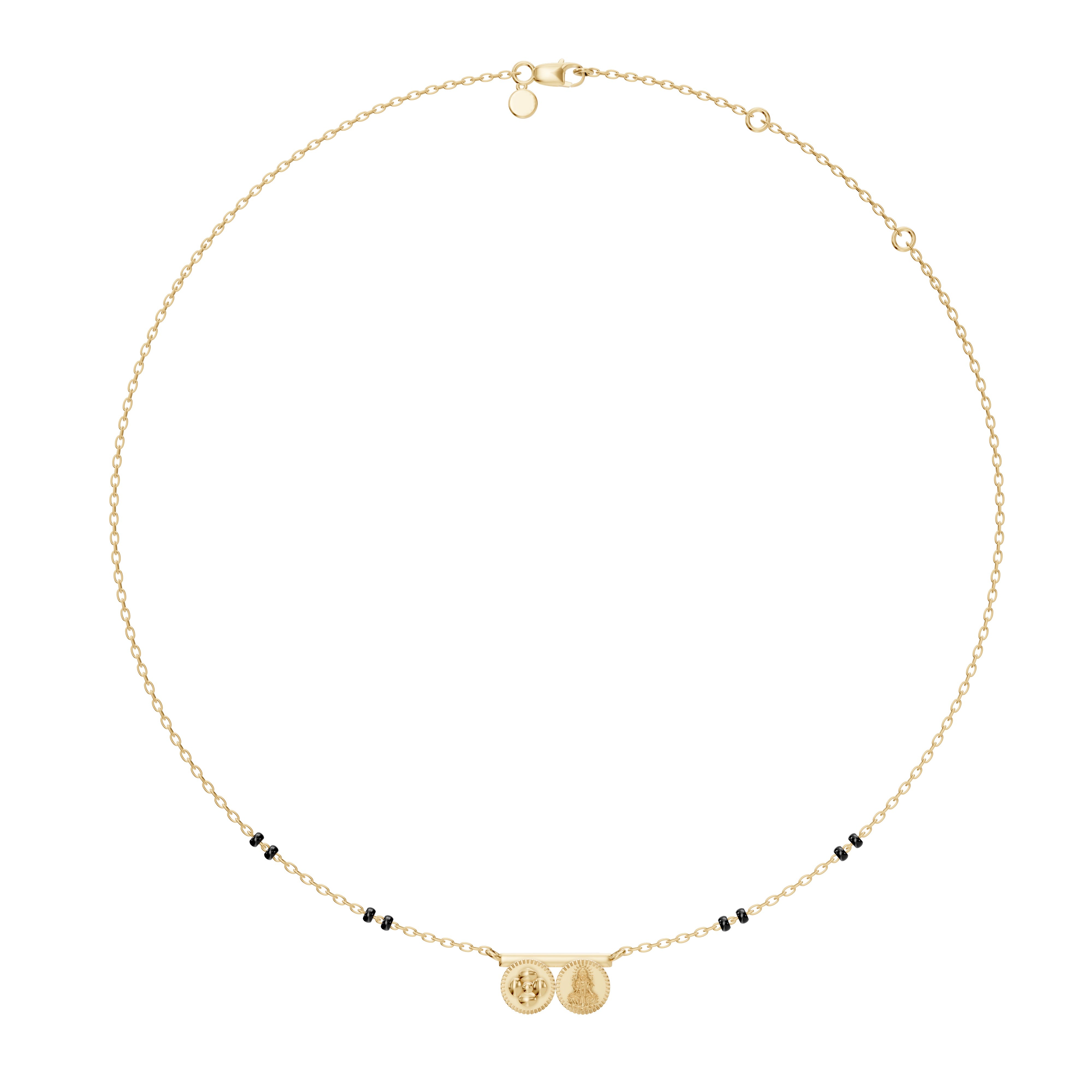 The Saanvi Thaali in 18K yellow gold from Modern Mangal featuring a pushpa and Lakshmi kasu pendant on a Duality Chain, symbolizing Telugu tradition and divine blessings.