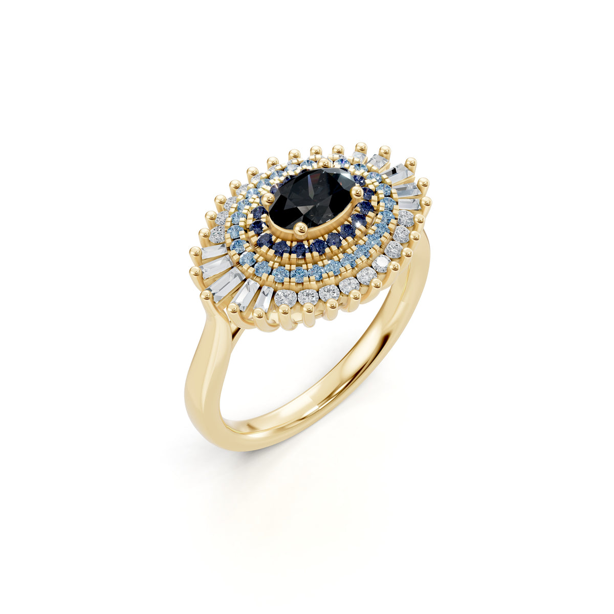 Safiya Ring in 18K yellow gold with a maxi evil eye of onyx, sapphire and diamonds, angled view, view 2