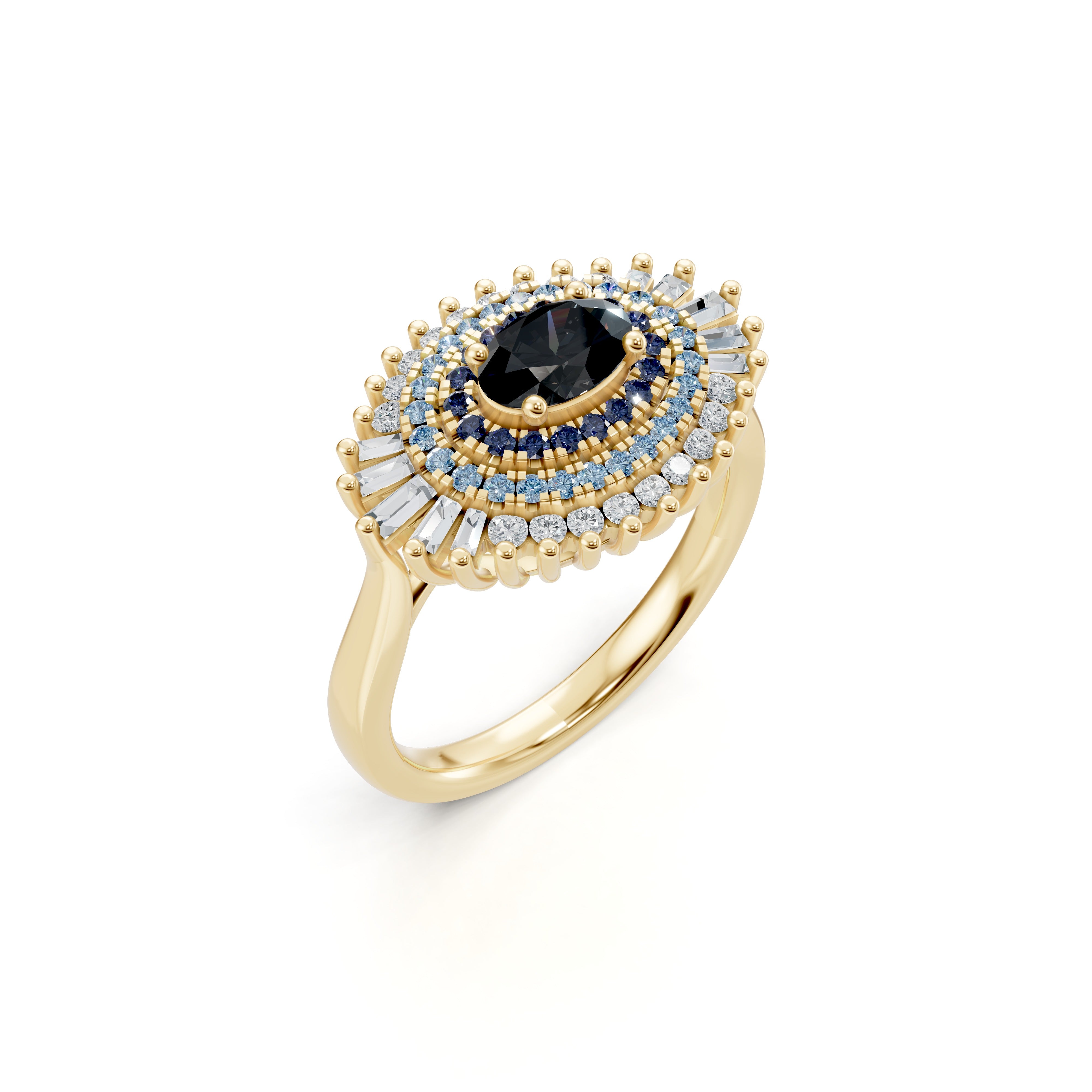 Angled view of the Modern Mangal Safiya Ring in yellow gold, highlighting the oval-cut onyx center with radiant outer rings of sapphires and diamonds forming a captivating eye motif.