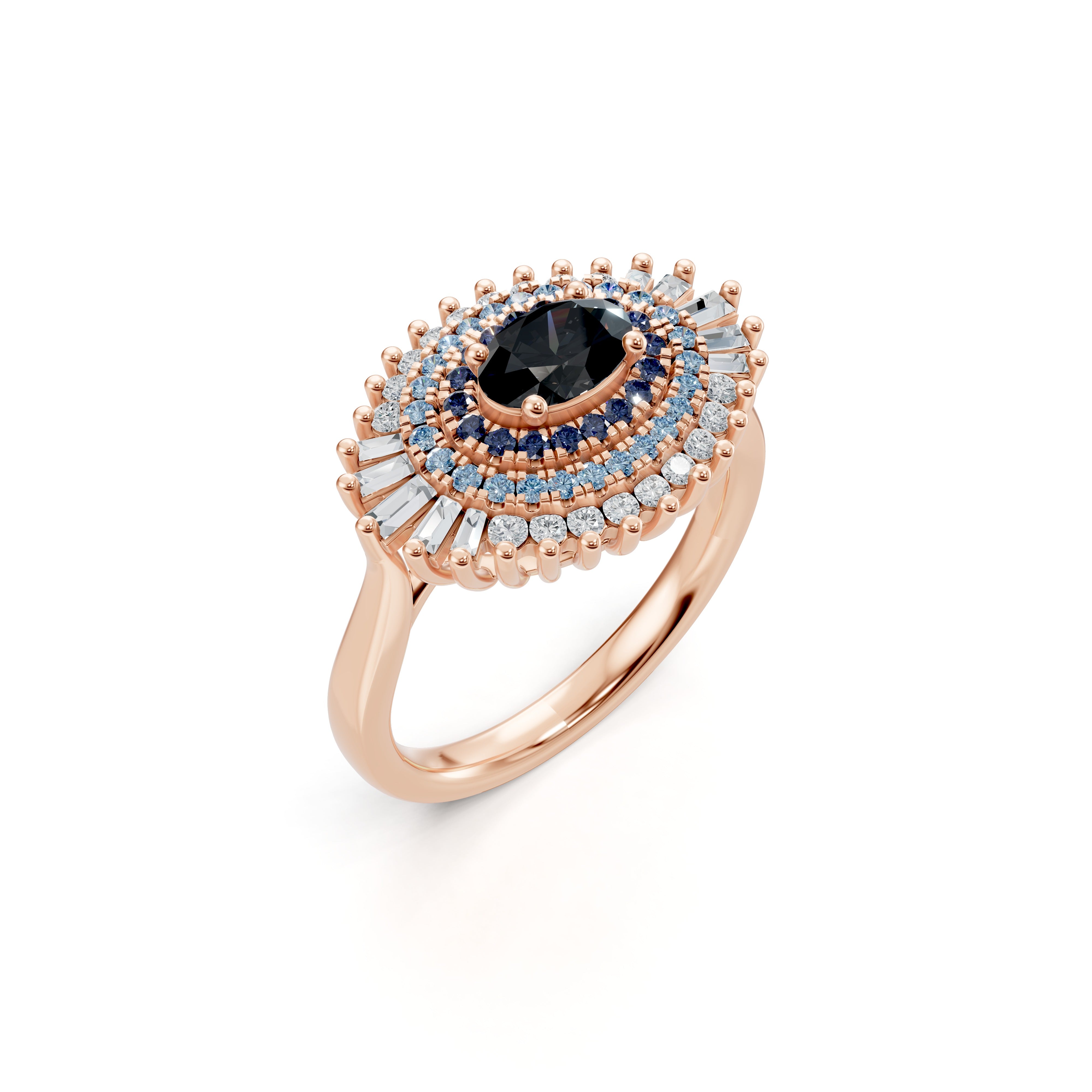 Angled display of the Modern Mangal Safiya Ring in rose gold showing off the layered sapphire and diamond embellishments around a central onyx stone, creating a luminous evil eye design.