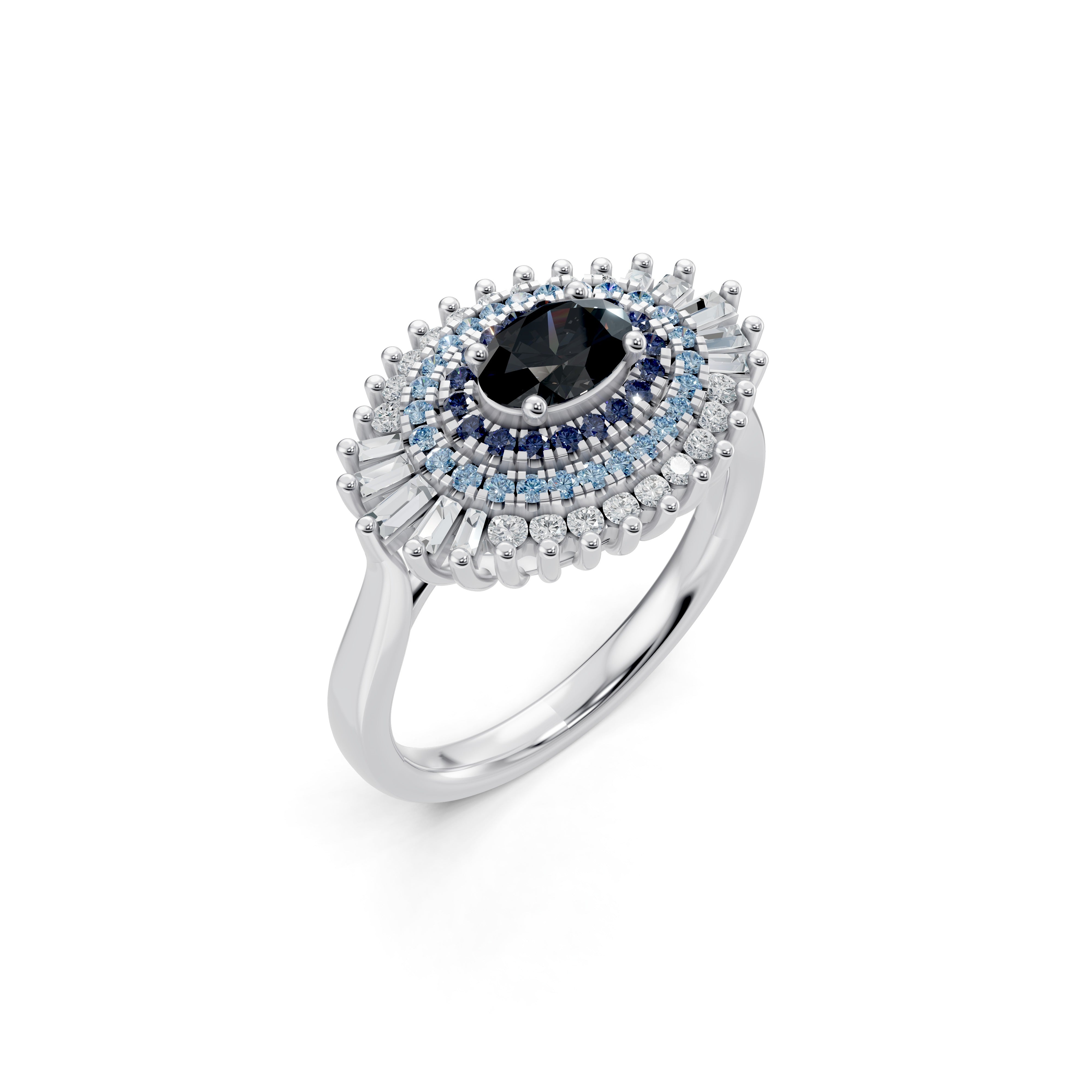 Angled view of the Modern Mangal Safiya Ring in white gold capturing the depth of the concentric gem layers, with rich navy sapphires and crisp white diamonds circling the central onyx eye.