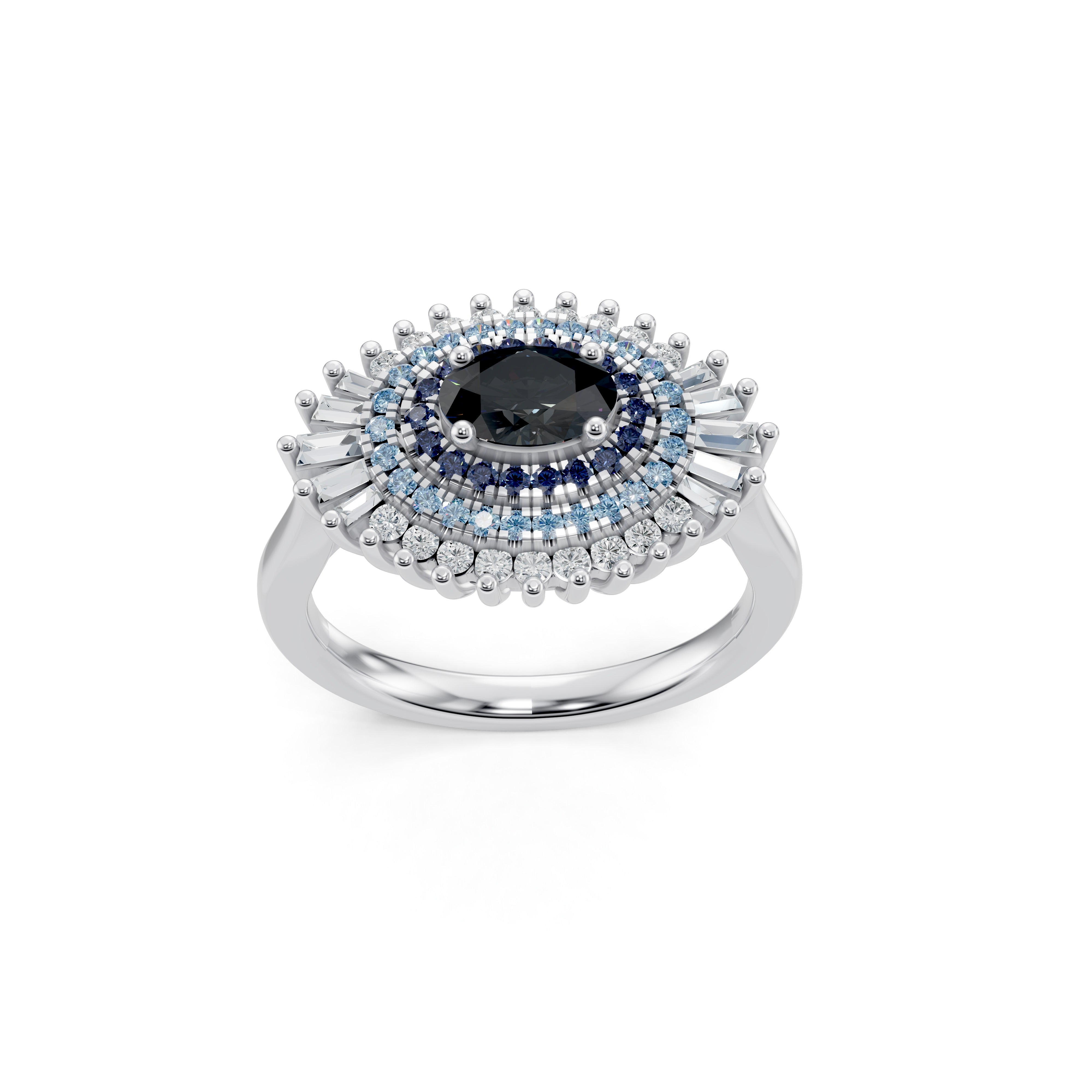 Main view of the Modern Mangal Safiya Ring in white gold, featuring a powerful black onyx center stone surrounded by vibrant layers of blue sapphires, icy lab-grown diamonds, and baguette detailing in a radiant evil eye formation.