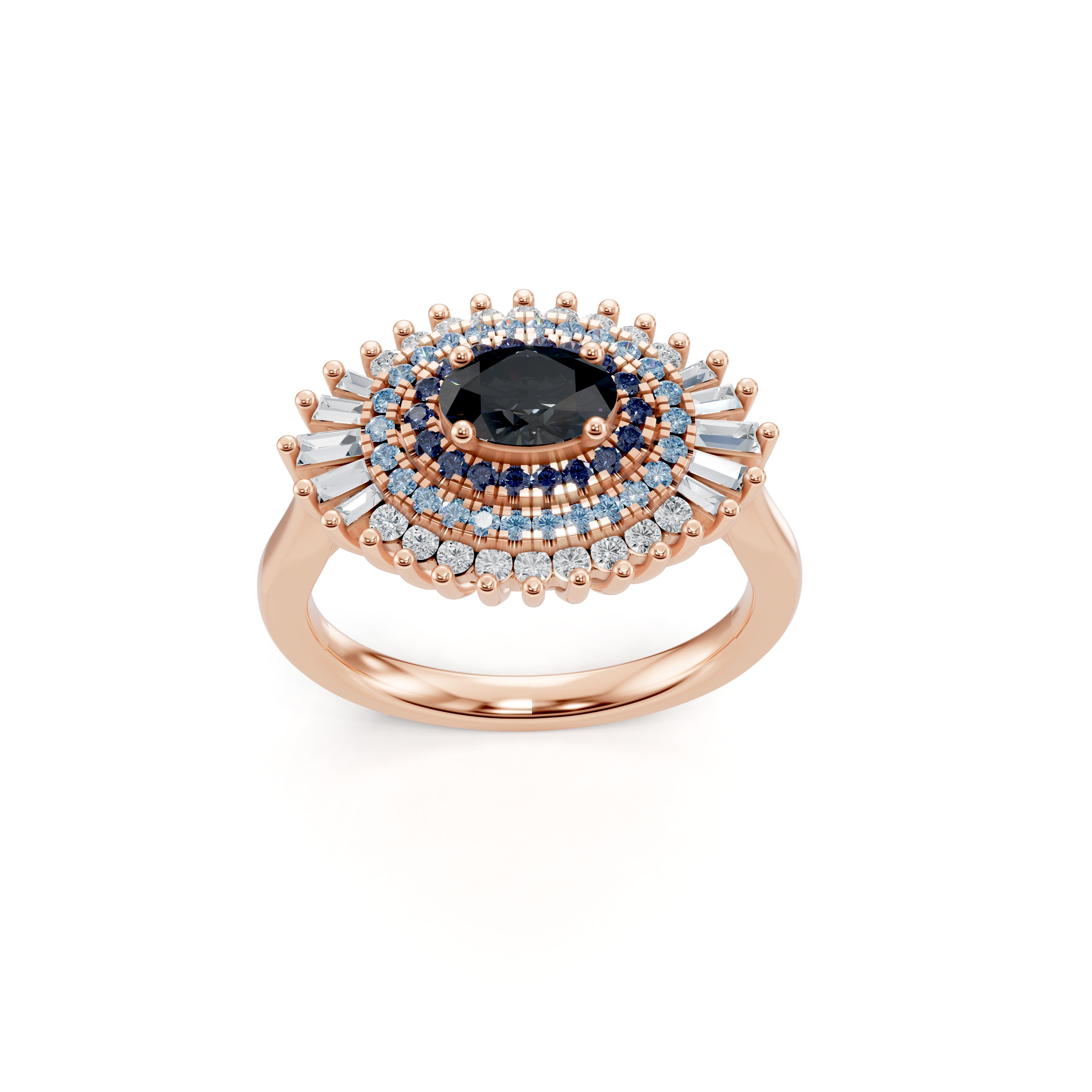 Main view of the Modern Mangal Safiya Ring in rose gold, where the warmth of the metal contrasts the intense black onyx and electric blue sapphires, enclosed in precision-set white diamonds and baguettes.
