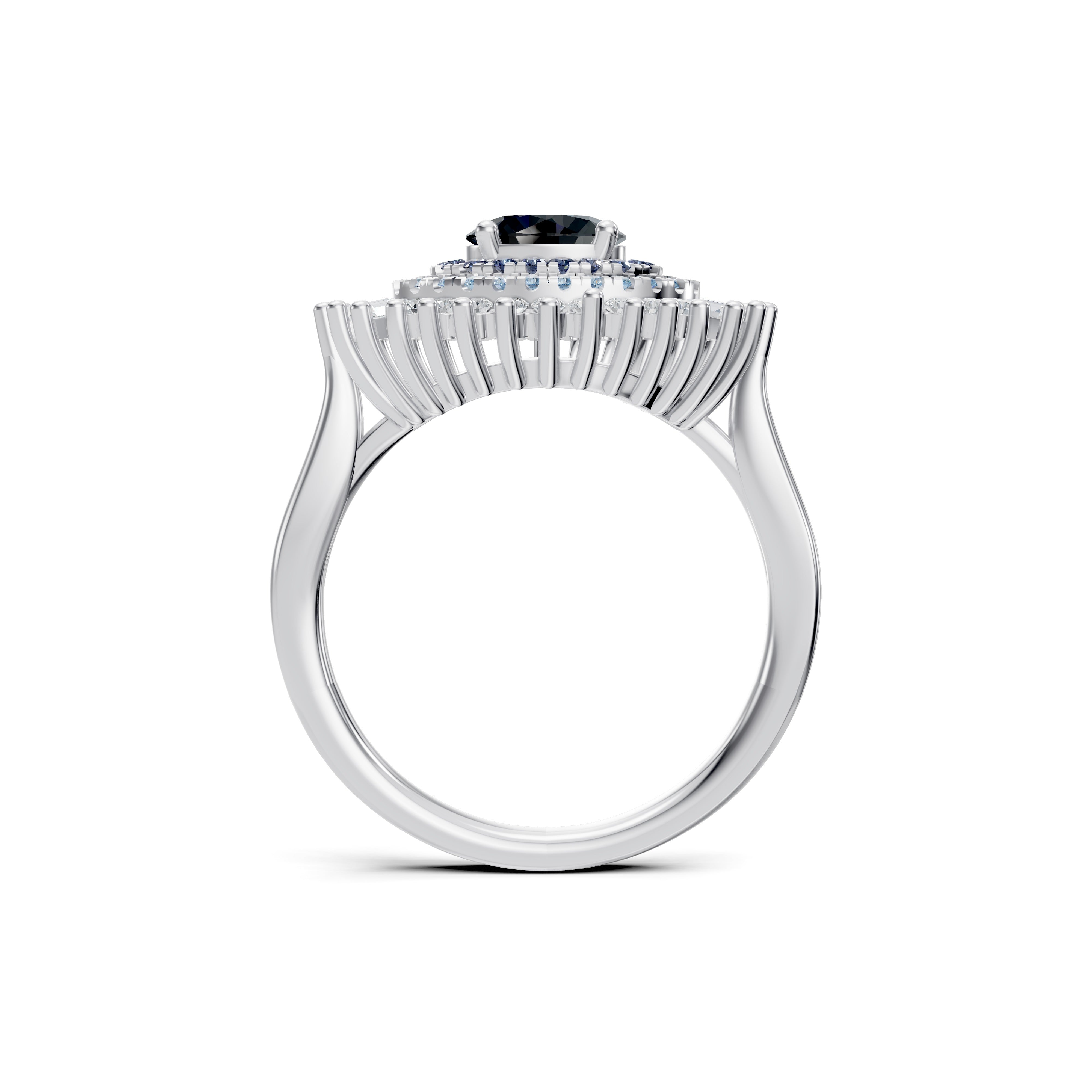 Side profile of the Modern Mangal Safiya Ring in white gold highlighting the architectural uplift and fine craftsmanship of the evil eye structure with baguette diamonds fanning from the layered gemstone core.