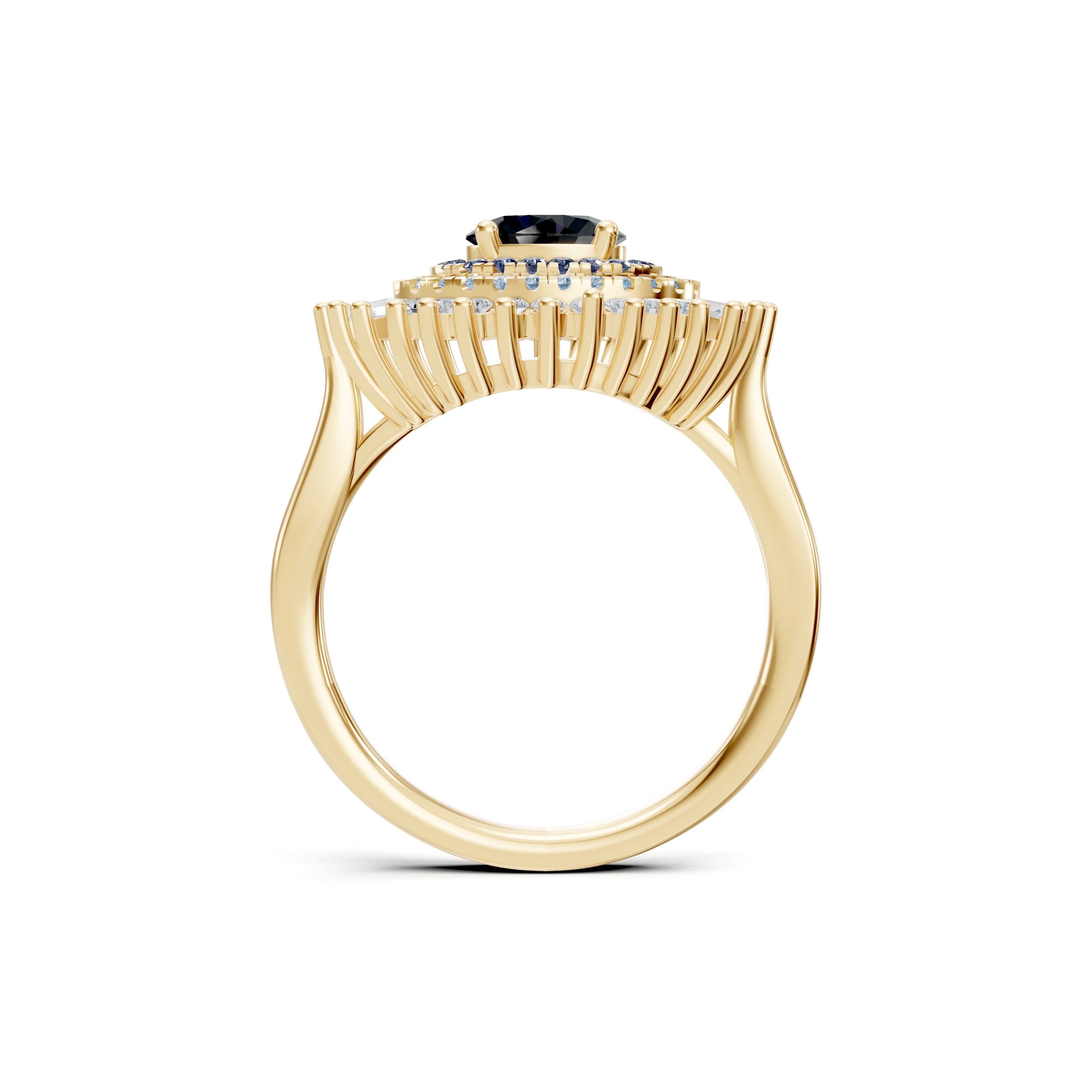 Side profile of theModern Mangal Safiya Ring in yellow gold emphasizing its high-set black onyx core and elevated halo structure with baguette and round diamonds arranged in fan-like precision.