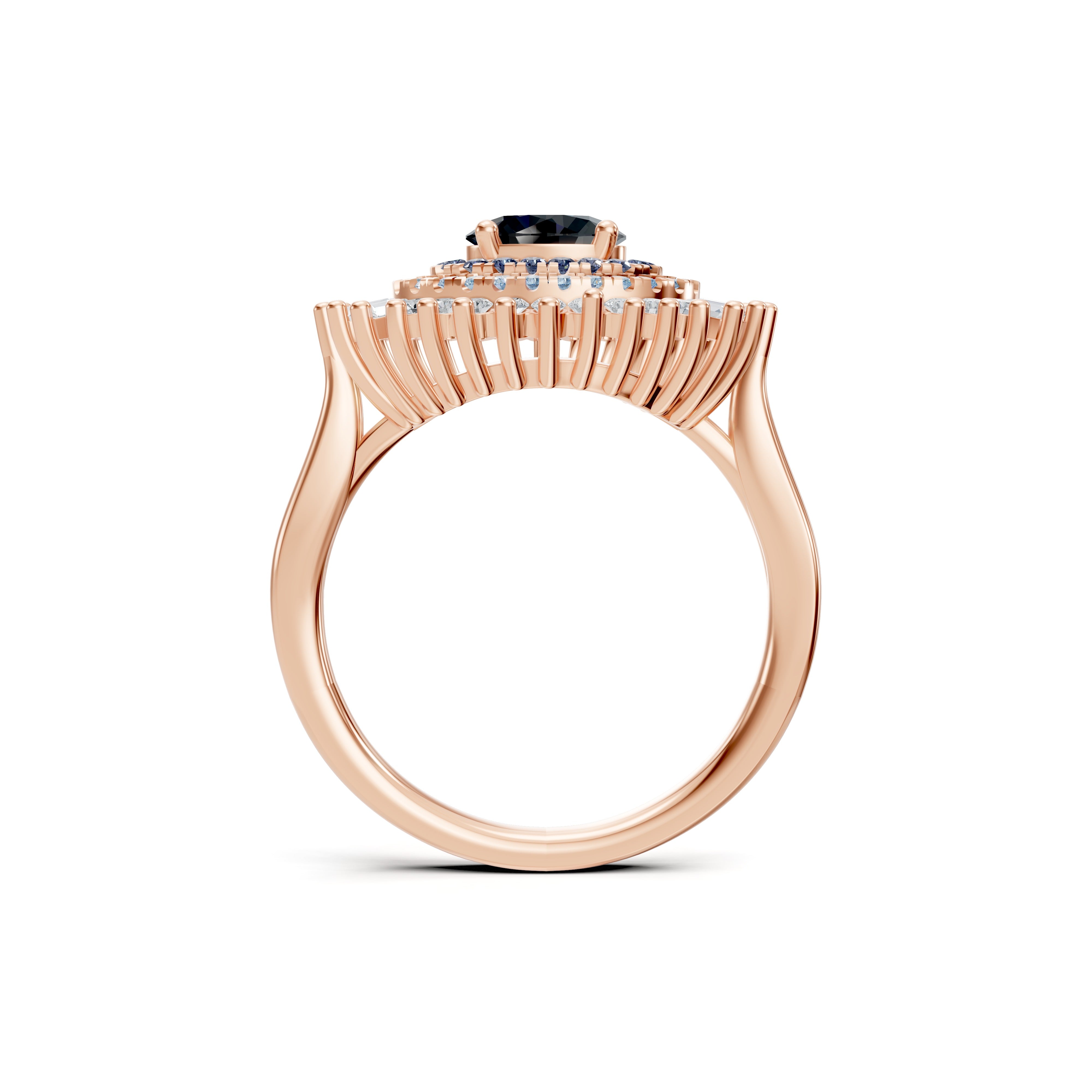 Side angle of the Modern Mangal Safiya Ring in rose gold, capturing its three-dimensional raised bezel setting and flared baguette diamond arrangement for a dramatic, luxurious finish.