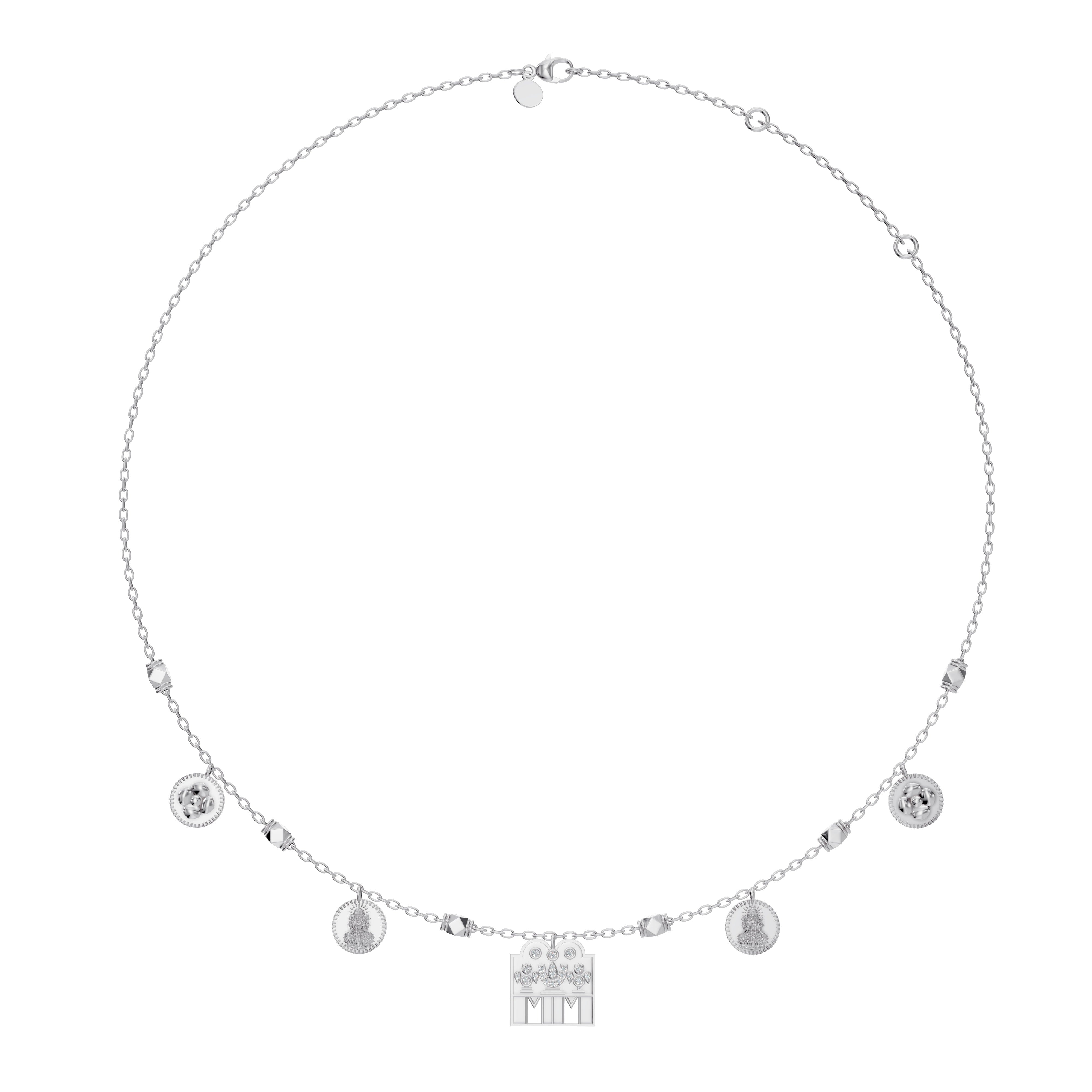 White gold Sravya Mangalayam necklace from Modern Mangal, showcasing harmonious Tamil motifs including diamond Shivling and kasu charms for modern South Indian brides.