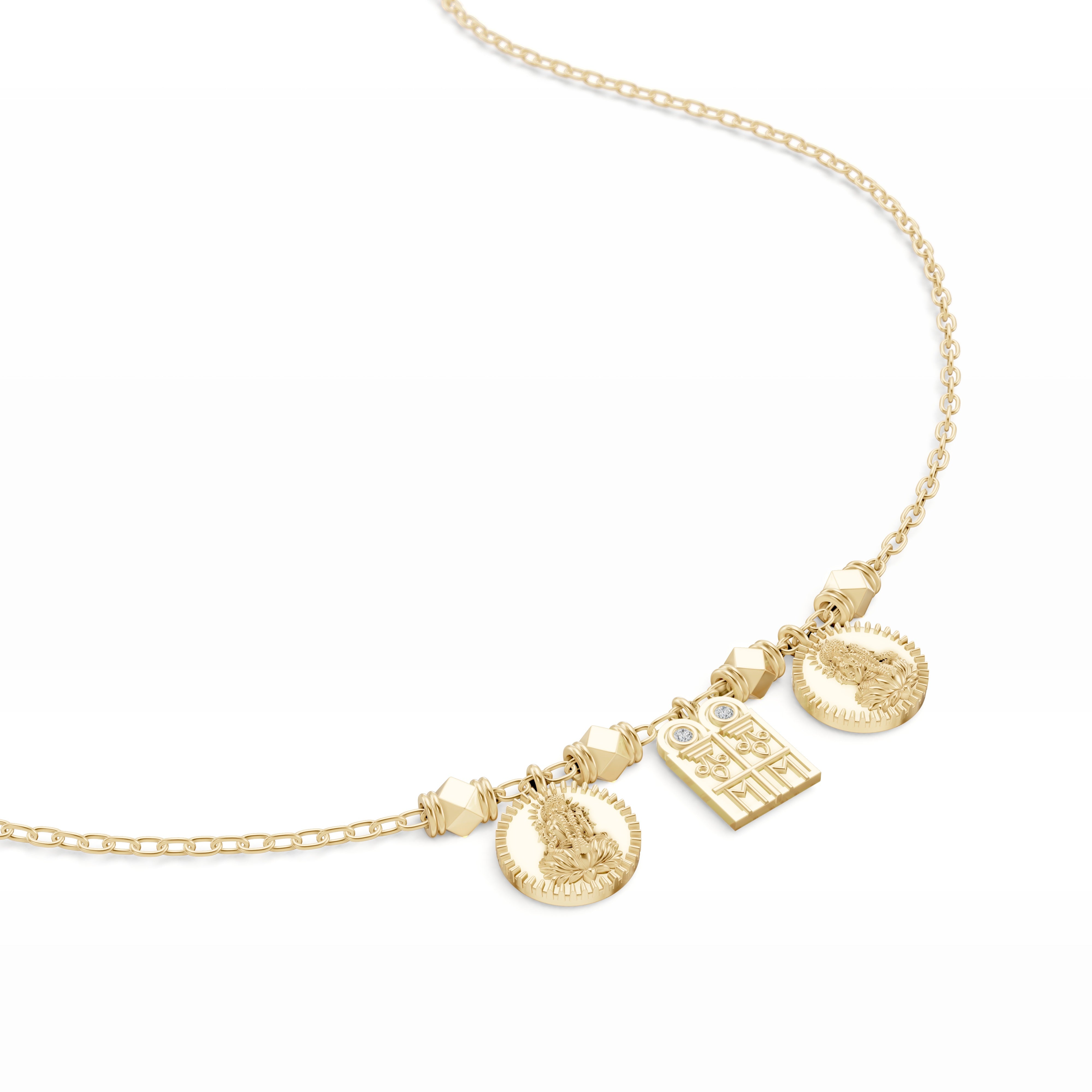 Close-up of the Sriya Mangalayam yellow gold pendant trio—one central mangalayam and two Lakshmi kasu coins—crafted with FVS2+ lab-grown diamonds on a fine gold chain.
