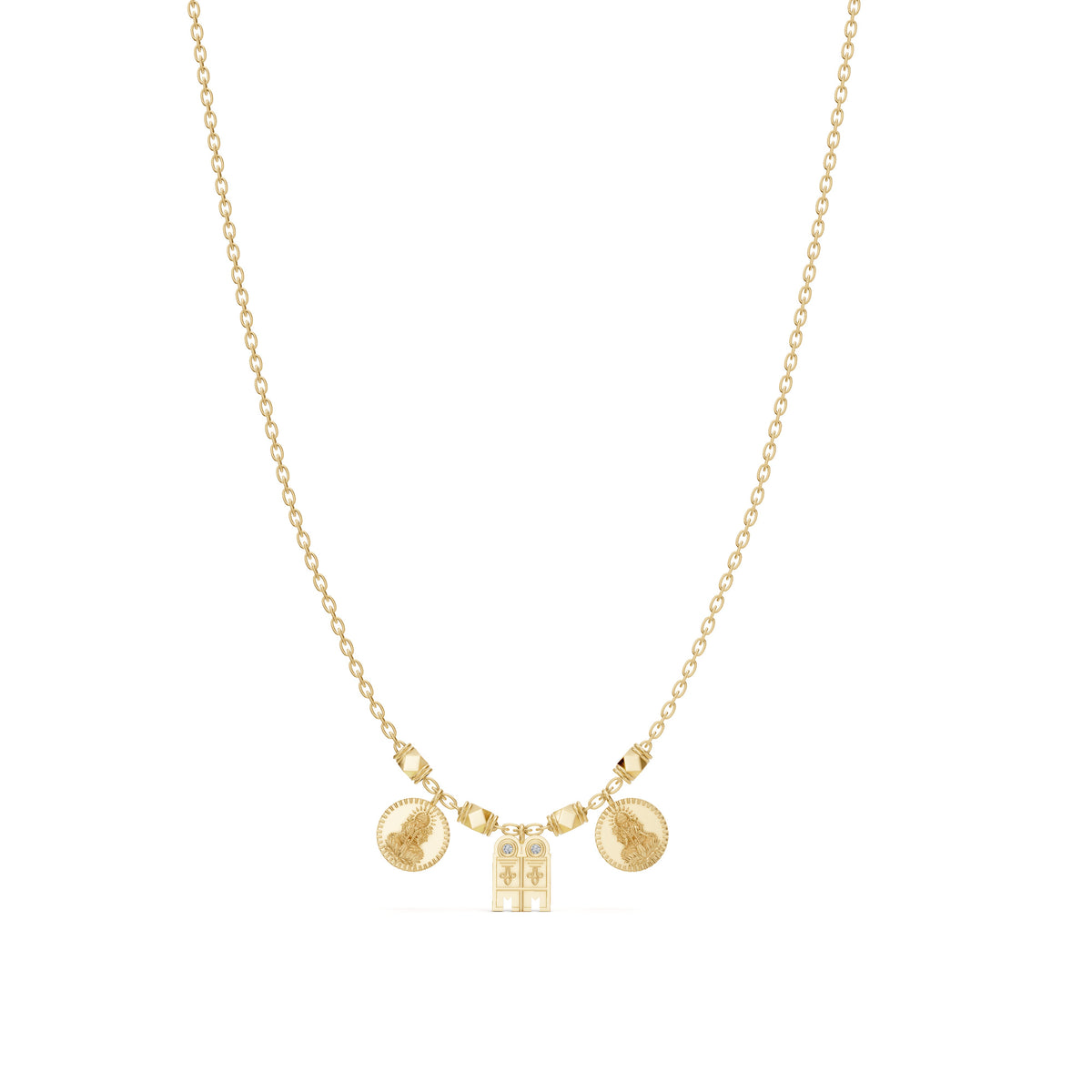 Sriya Mangalayam in 18K yellow gold with Lakshmi kasu coin thaali charms, front view