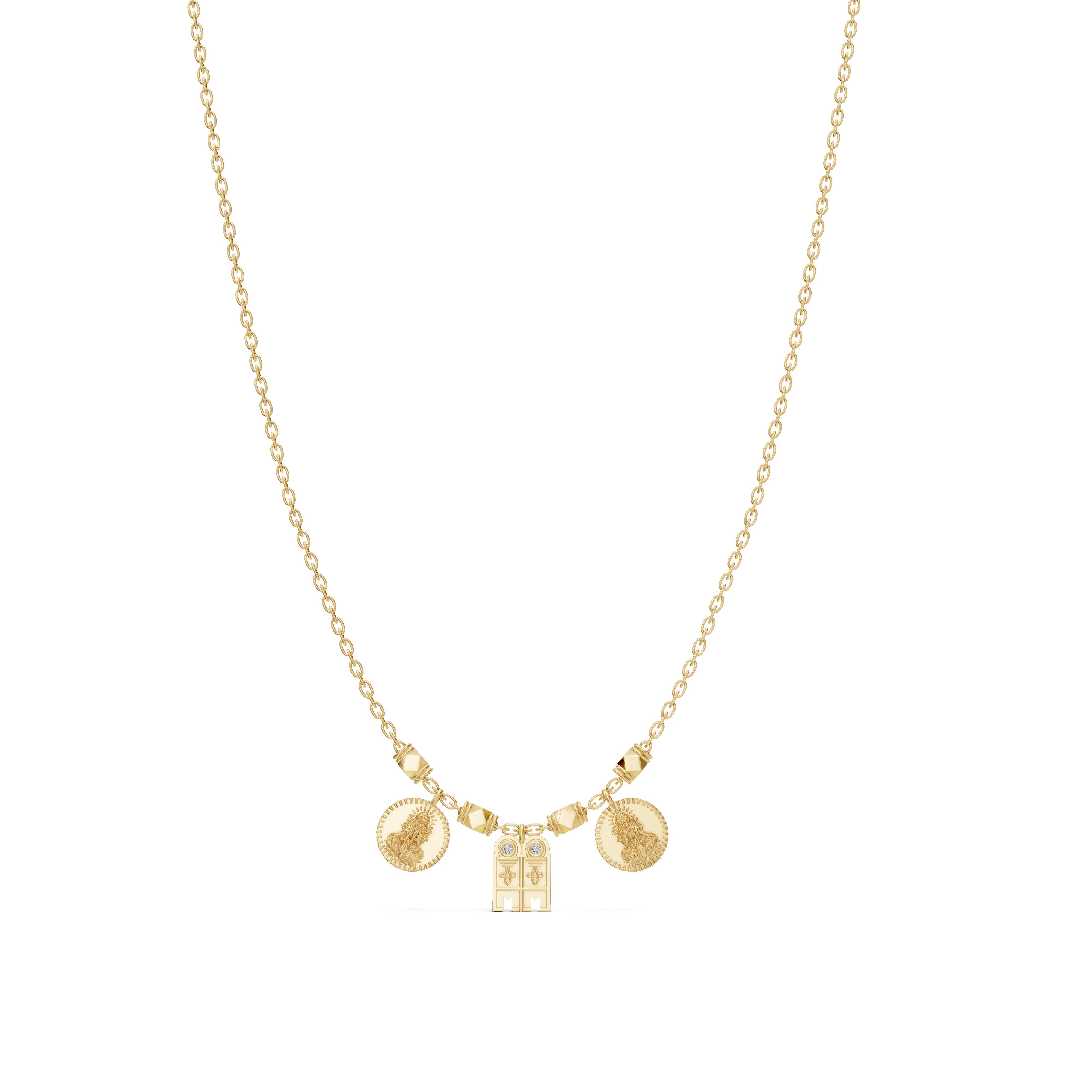 Main image of the Sriya Mangalayam necklace in 18K yellow gold by Modern Mangal, featuring a central mangalayam pendant with two Lakshmi kasu coins and angular bead spacers.