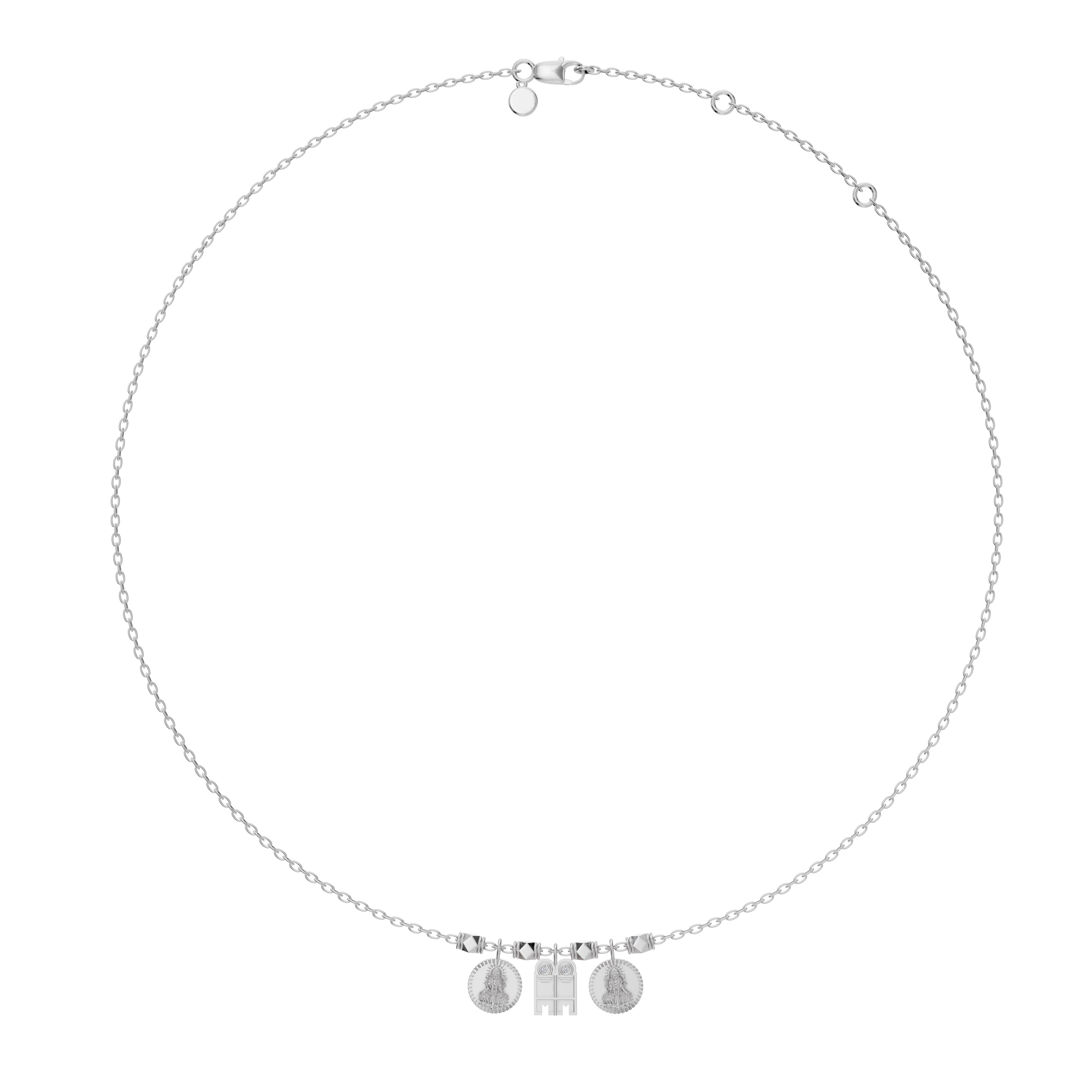 Full product image of the Sriya Mangalayam in 18K white gold by Modern Mangal, showing off its clean, radiant design with traditional Tamil and Lakshmi coin symbolism.