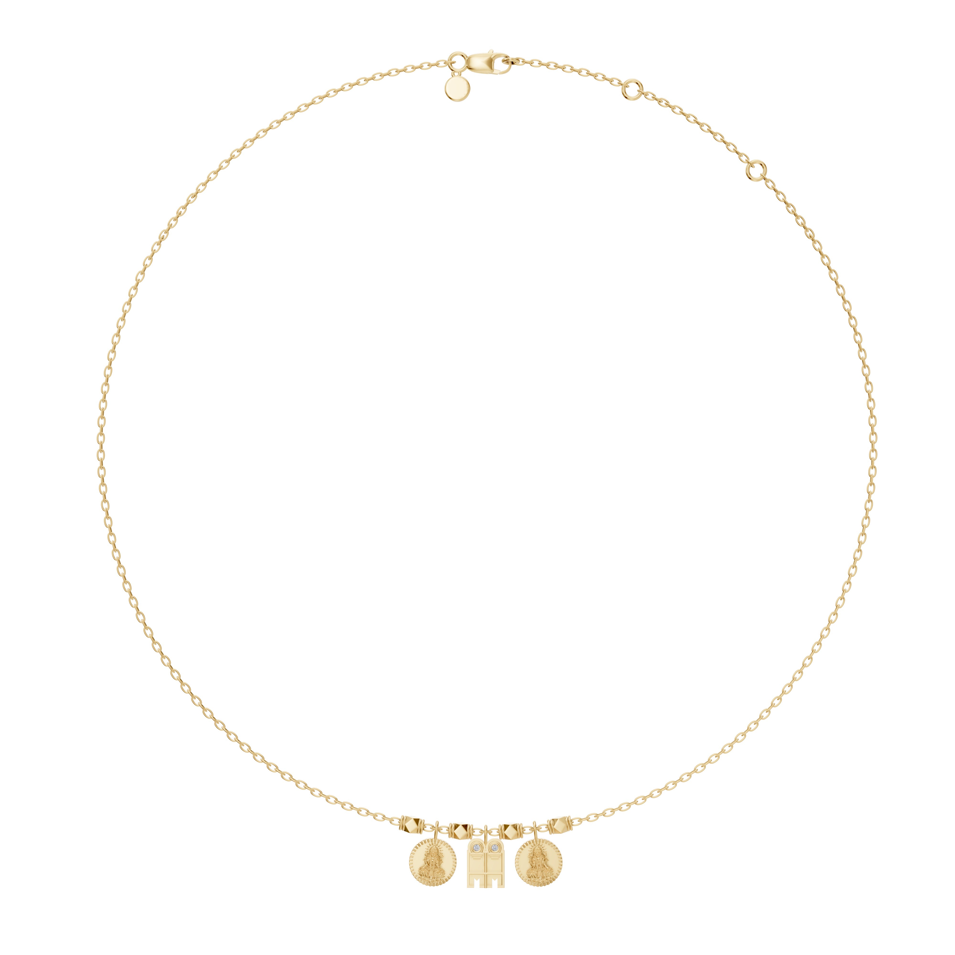 Full image of the Sriya Mangalayam necklace in 18K yellow gold by Modern Mangal, featuring a central mangalayam pendant with two Lakshmi kasu coins and angular bead spacers.