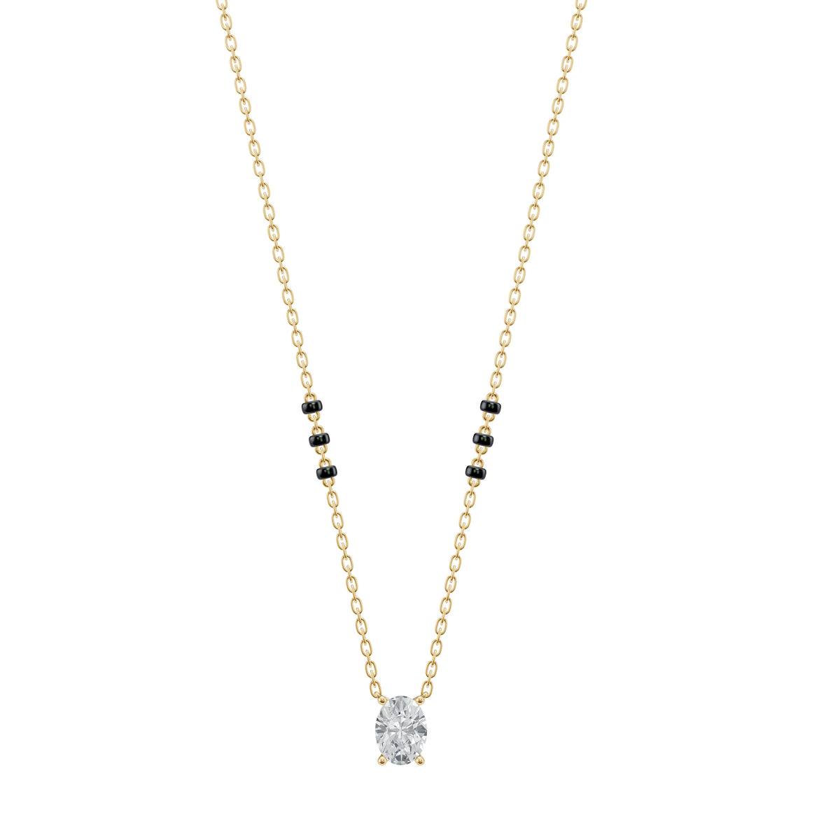 Suhani Mangalsutra in 18K yellow gold with an oval lab-grown diamond, front view