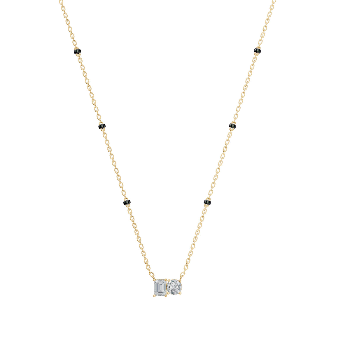 Tia Mangalsutra in 18K yellow gold with an emerald and round toi et moi lab-grown diamond pair, front view