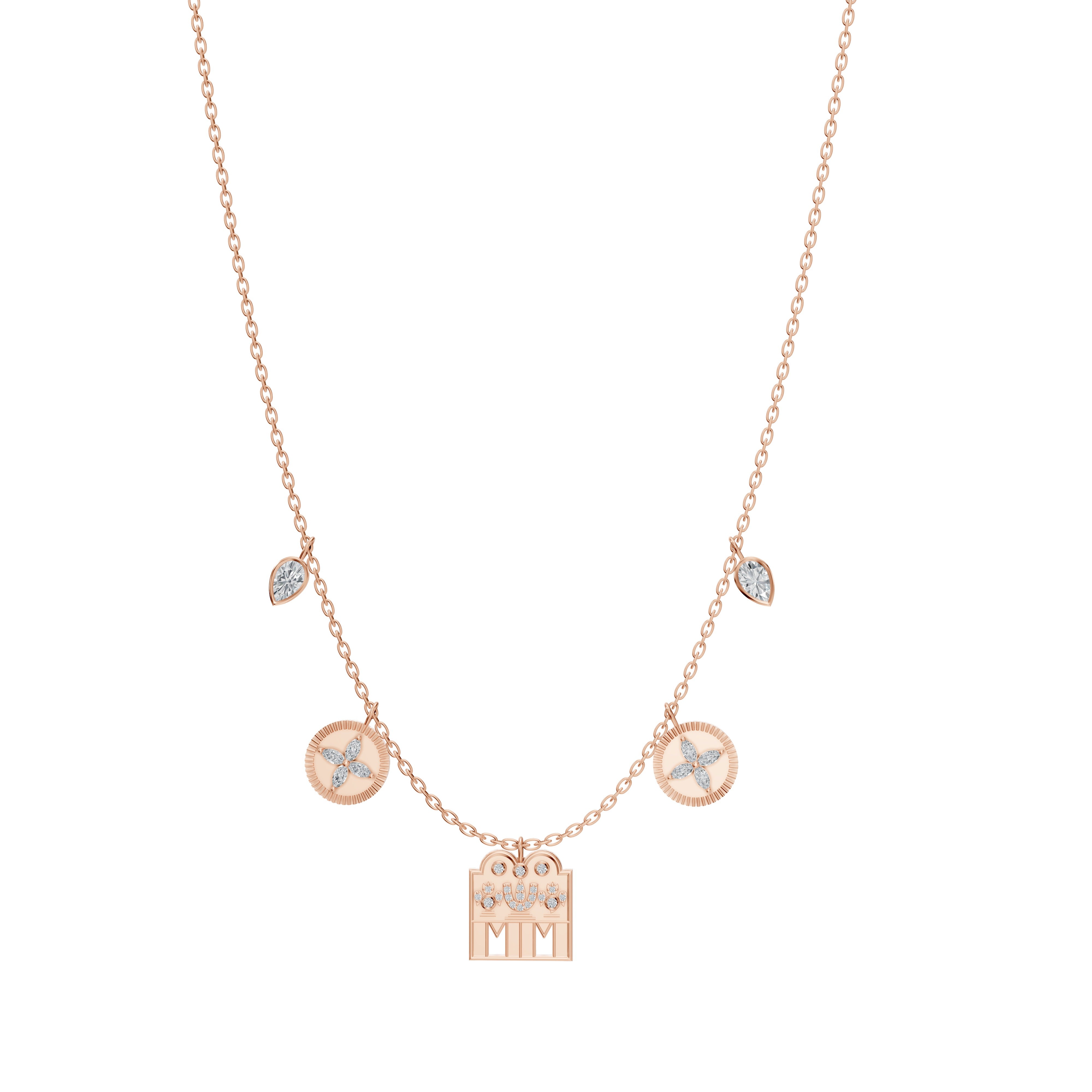 Main view of Modern Mangal Vidhya Mangalayam in rose gold, combining ancient Tamil motifs with modern charm-style mangalsutra aesthetics.