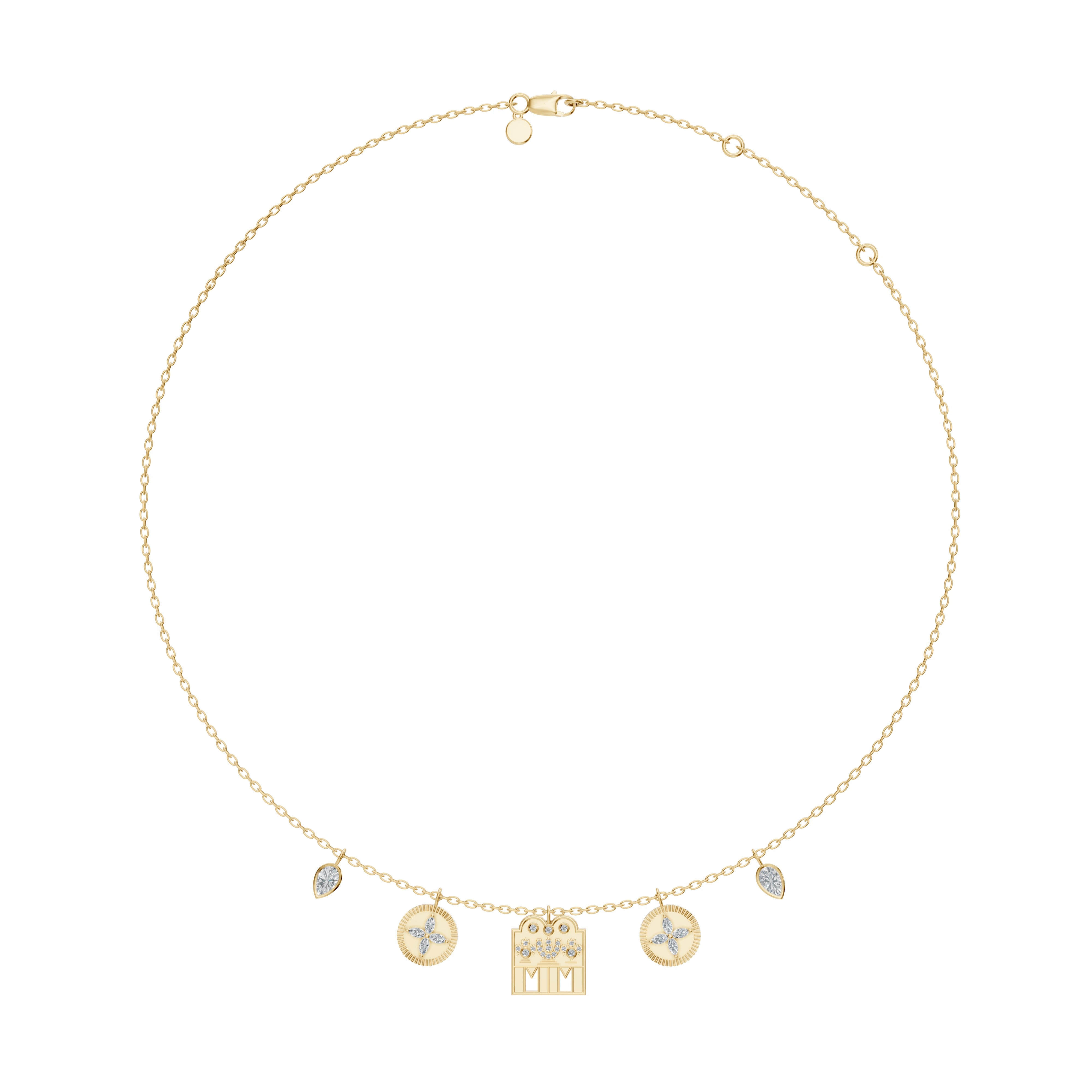 Full product image of the Modern Mangal Vidhya Mangalayam necklace in 18K yellow gold featuring a central diamond Shivling pendant, marquise diamond flowers, and pear bezel diamonds on a modern mangalsutra design.