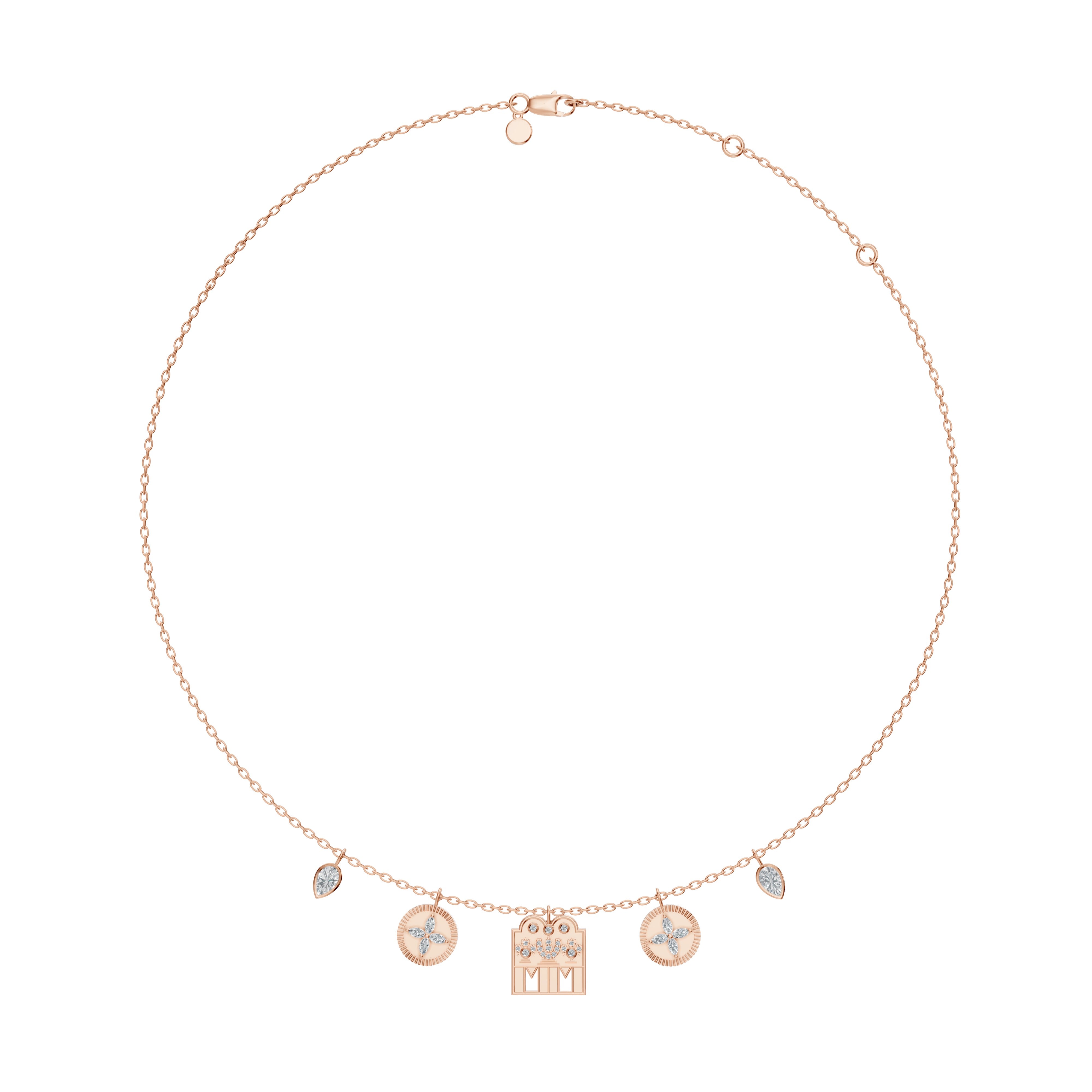 Rose gold Modern Mangal Vidhya Mangalayam necklace featuring a diamond Shivling mangalayam, surrounded by symbolic flower and maavilai charms on a rich gold chain.
