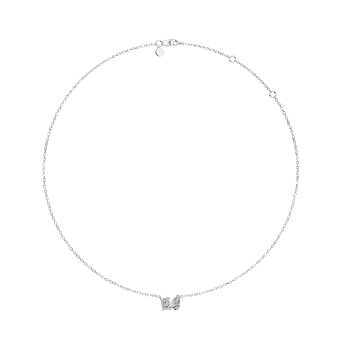  Full necklace image of the Modern Mangal Viya Necklace in white gold, showcasing the delicate chain and perfectly balanced Toi et Moi pendant.