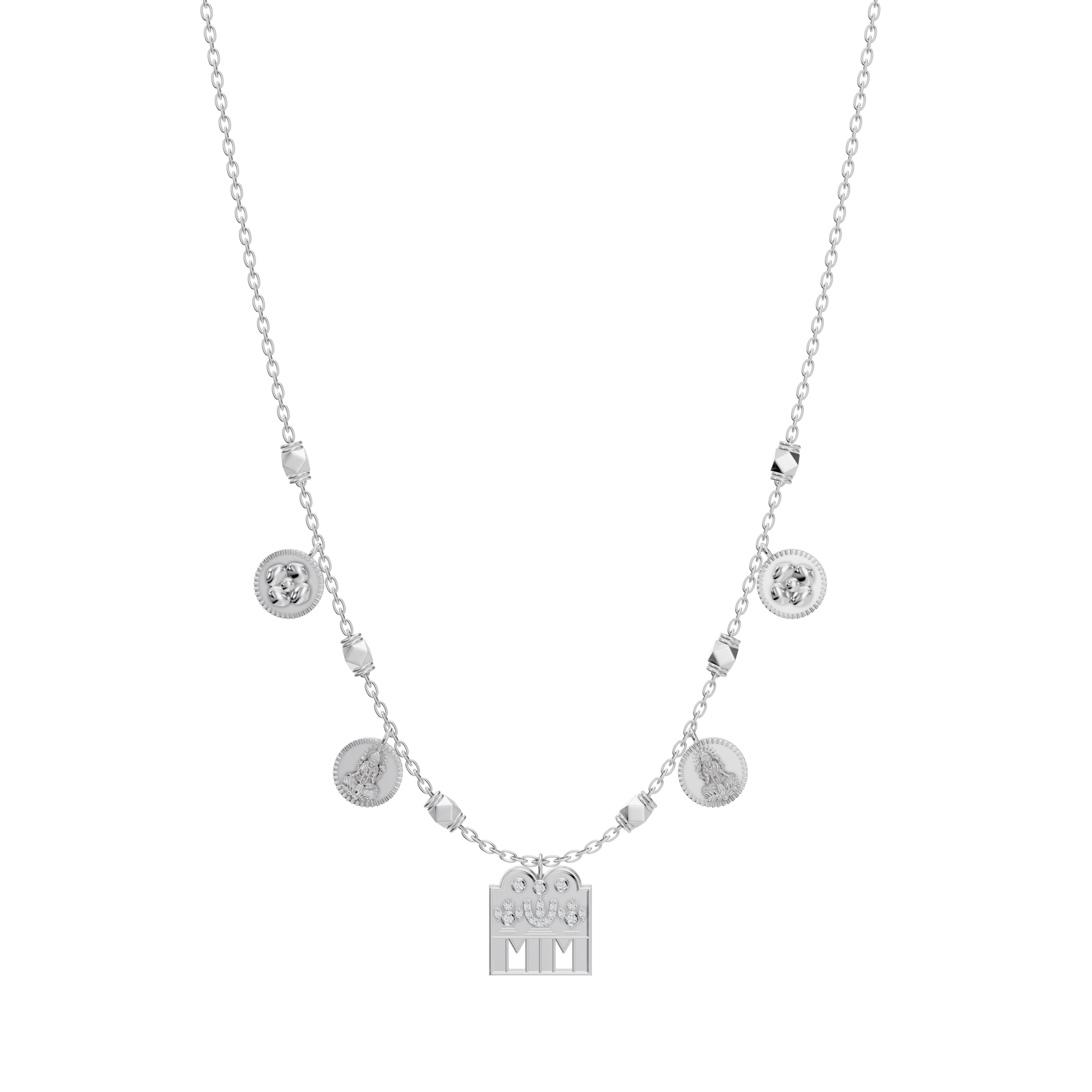 White gold Sravya Mangalayam necklace from Modern Mangal, showcasing harmonious Tamil motifs including diamond Shivling and kasu charms for modern South Indian brides.