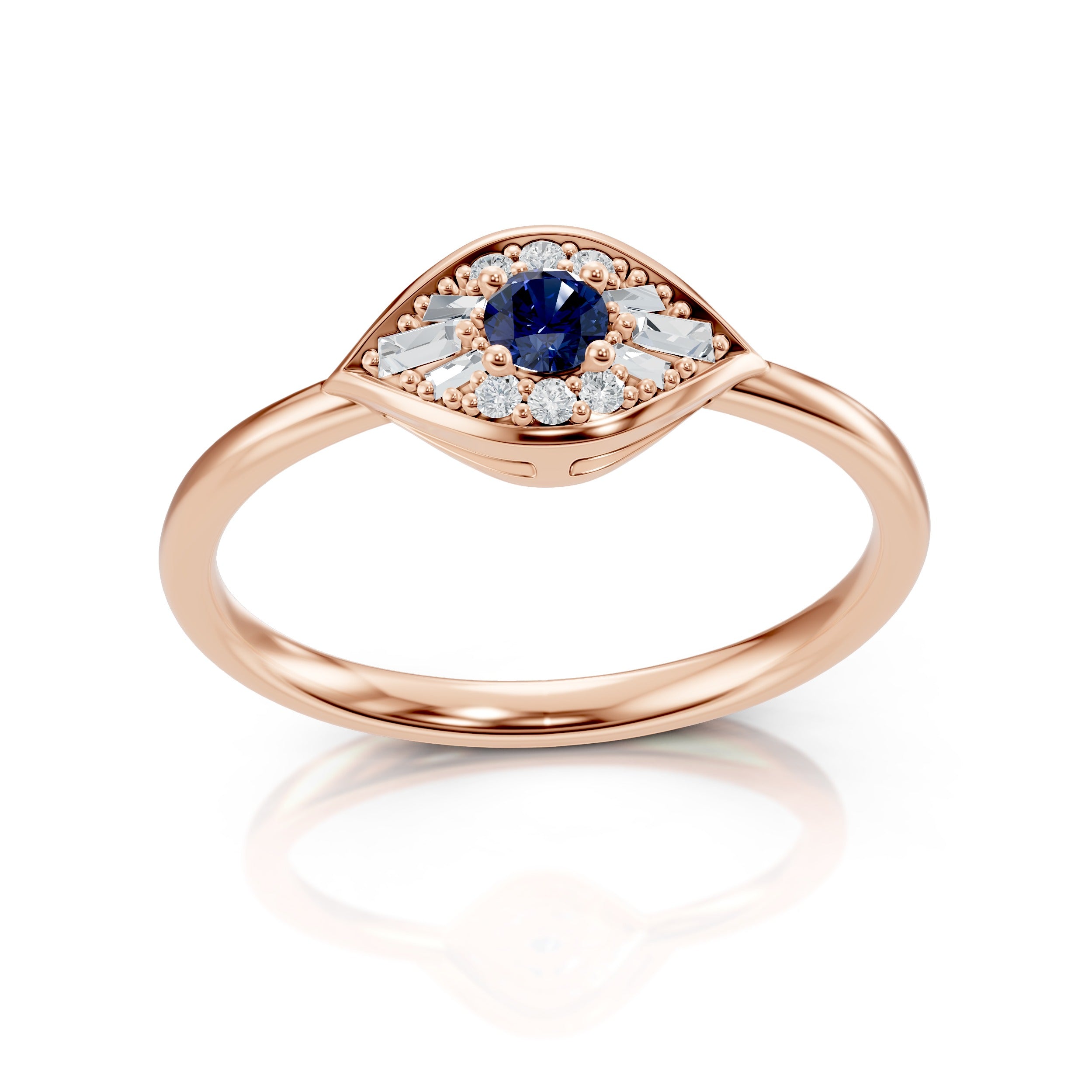 Front view of the Modern Mangal Zuri Ring in warm 18K rose gold, featuring a round-cut sapphire at the center, framed with precise baguette and round diamonds in an eye-shaped bezel.