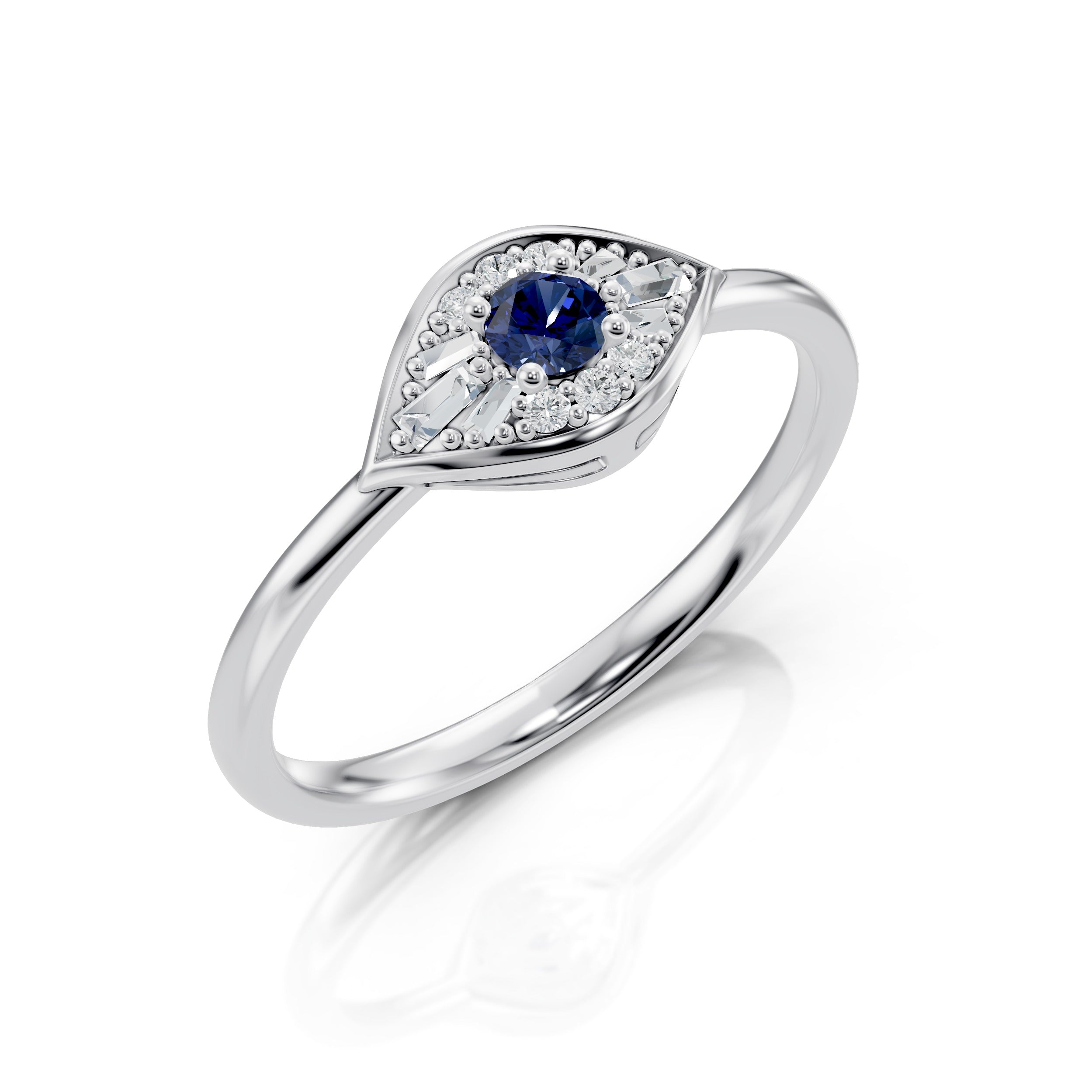 Side angle of the Modern Mangal Zuri Ring in white gold highlighting the high-polish bezel structure, geometric diamond pattern, and central sapphire in the modern eye-shaped motif.