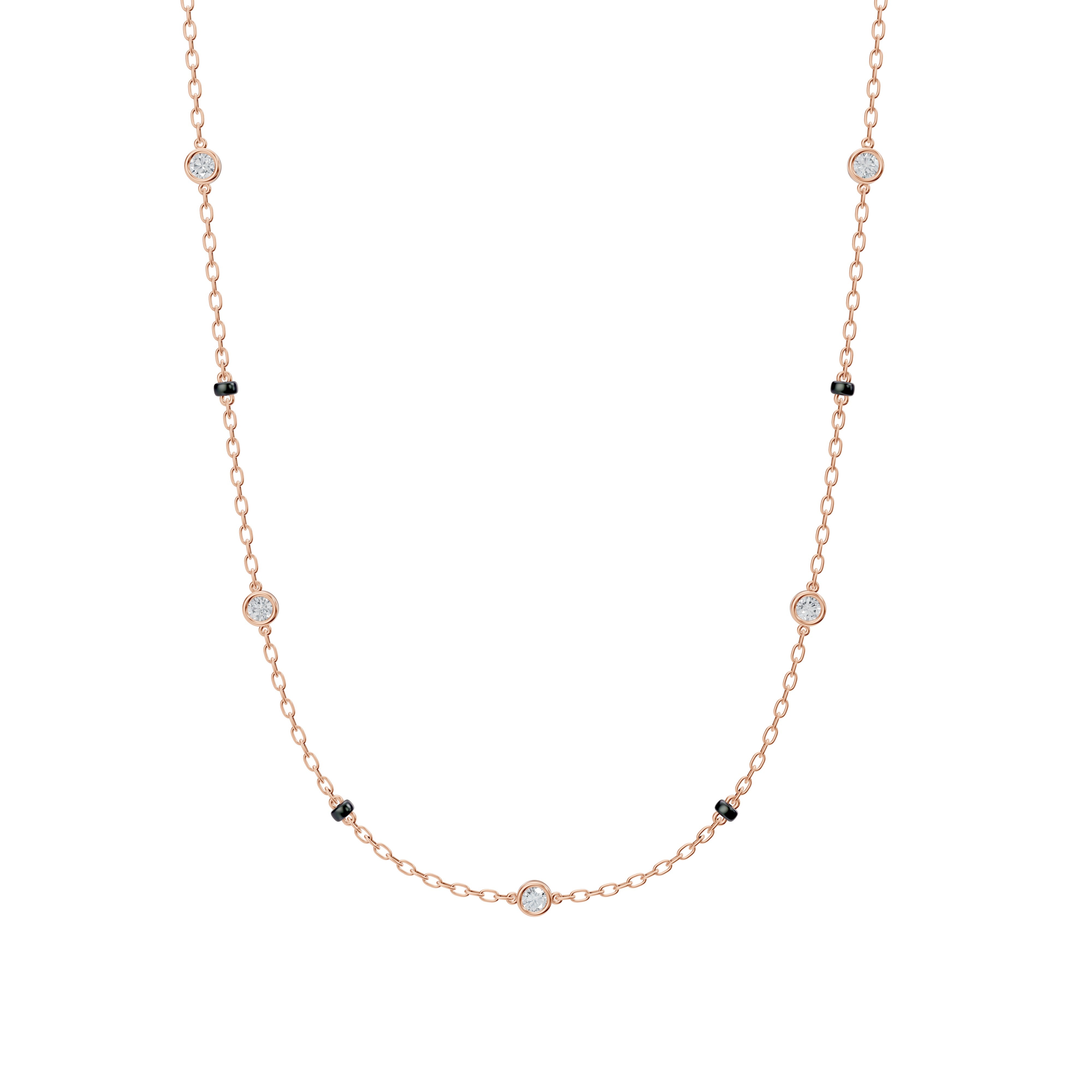 Front view of the Modern mangal Alia Mangalsutra in rose gold, with a round diamond pendant and 4-bead spaced black bead strands adding contrast and warmth.